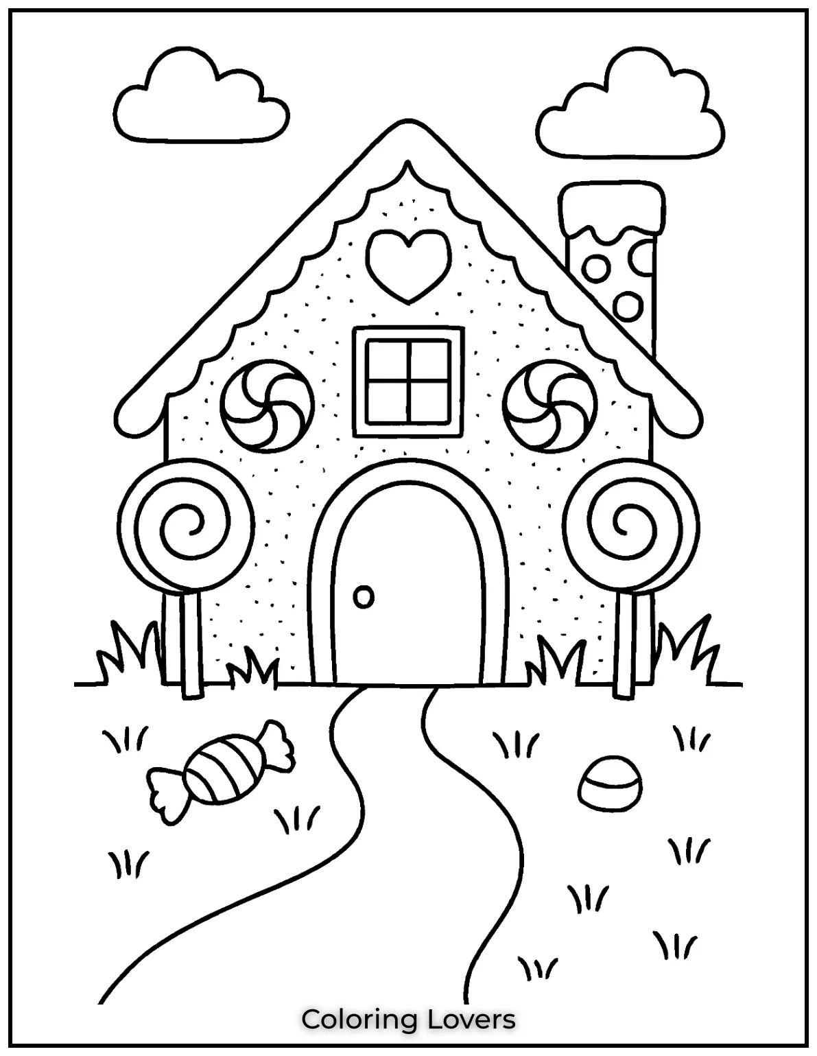 Fun House Coloring Pages – Easy Printable Sheets 14 A charming gingerbread house with a cookie textured roof and peppermint windows. It feels like a holiday treat