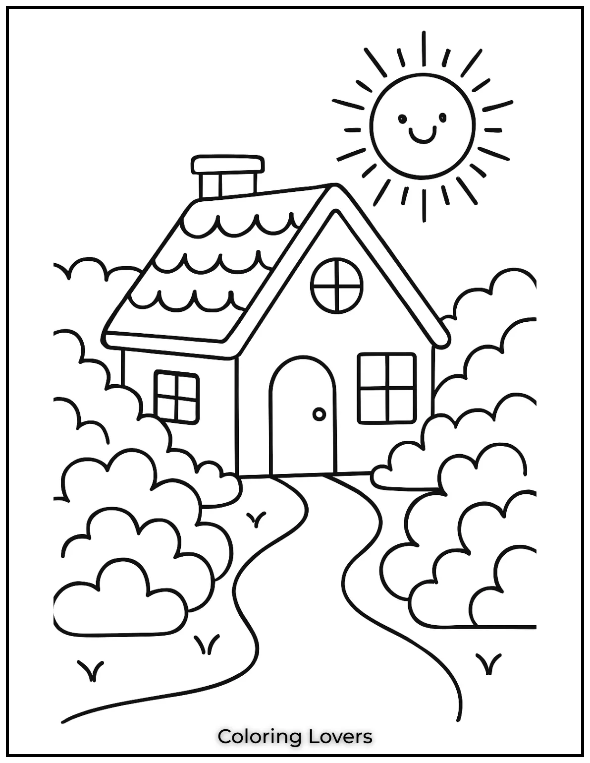 Fun House Coloring Pages – Easy Printable Sheets 3 A charming little cottage sits under the bright sun surrounded by lush bushes and a winding path waiting for colors