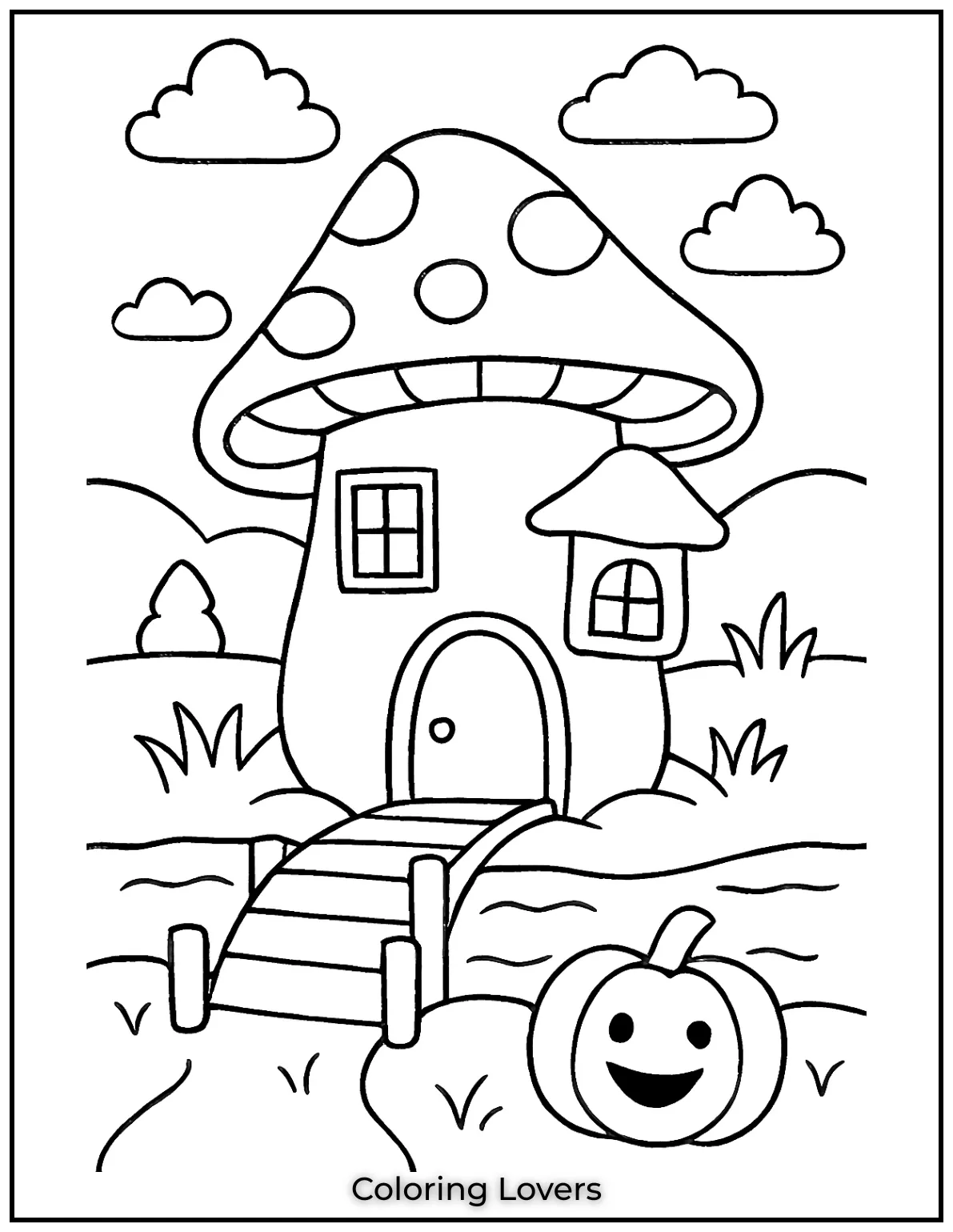 Fun House Coloring Pages – Easy Printable Sheets 23 A charming mushroom house sits by the water. A wooden bridge leads to its cozy round door