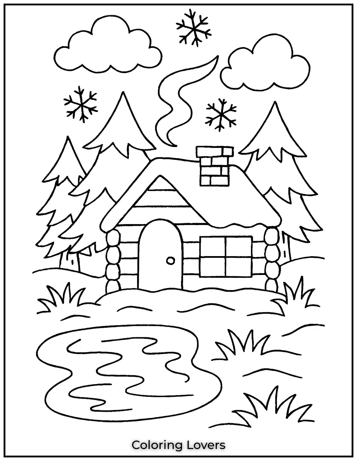 Fun House Coloring Pages – Easy Printable Sheets 40 A charming small cabin by a frozen lake ready for skating. Perfect for house coloring pages fun