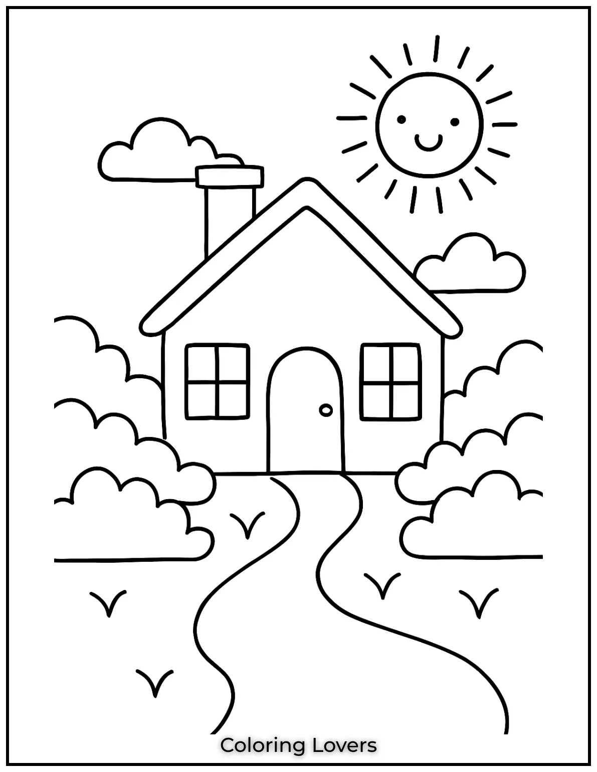 Fun House Coloring Pages – Easy Printable Sheets 7 A cheerful home with a sloped roof and a sunny sky ready for a splash of color to brighten its warm and inviting look