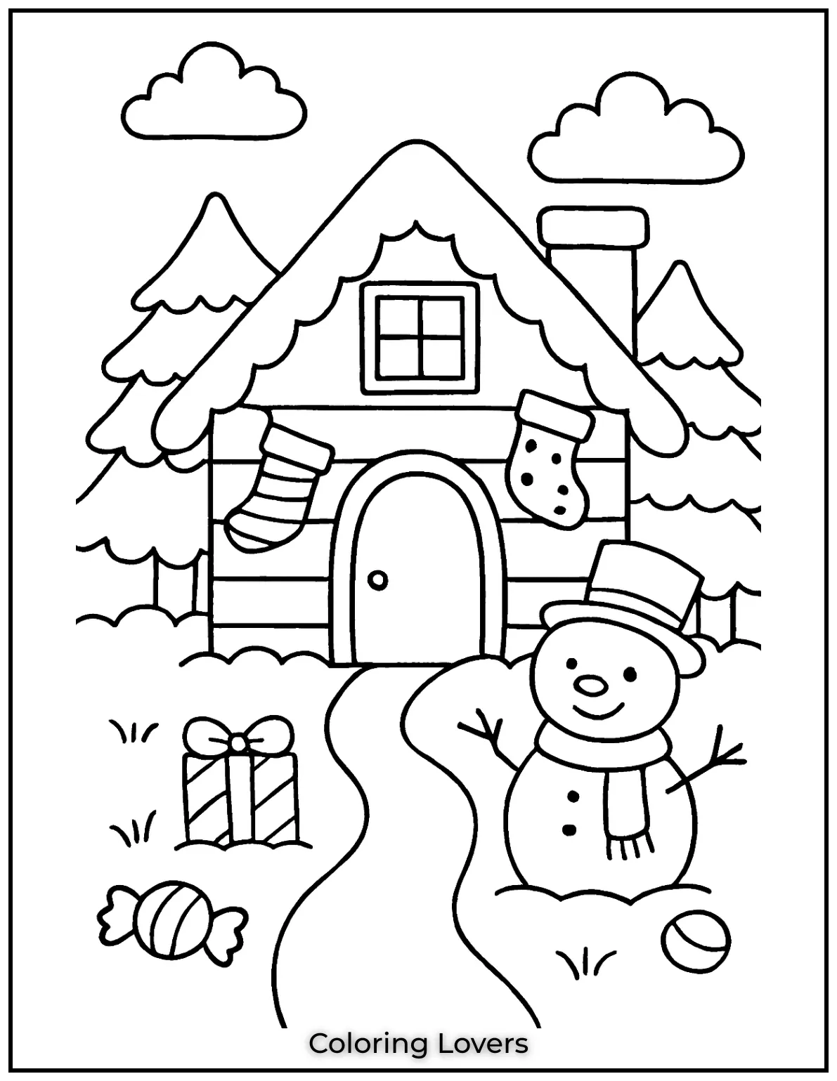 Fun House Coloring Pages – Easy Printable Sheets 18 A cheerful snow covered cabin stands tall. A happy snowman welcomes visitors with open arms
