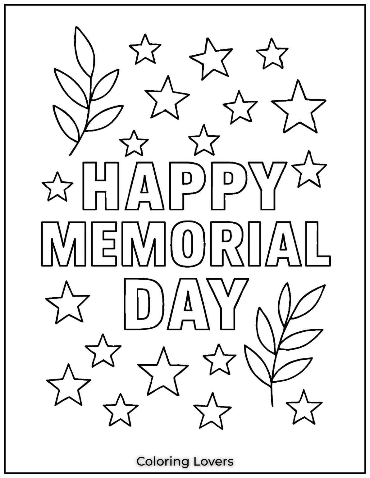 A classic block font spells out Happy Memorial Day. Stars and leaves bring bold balance to the page