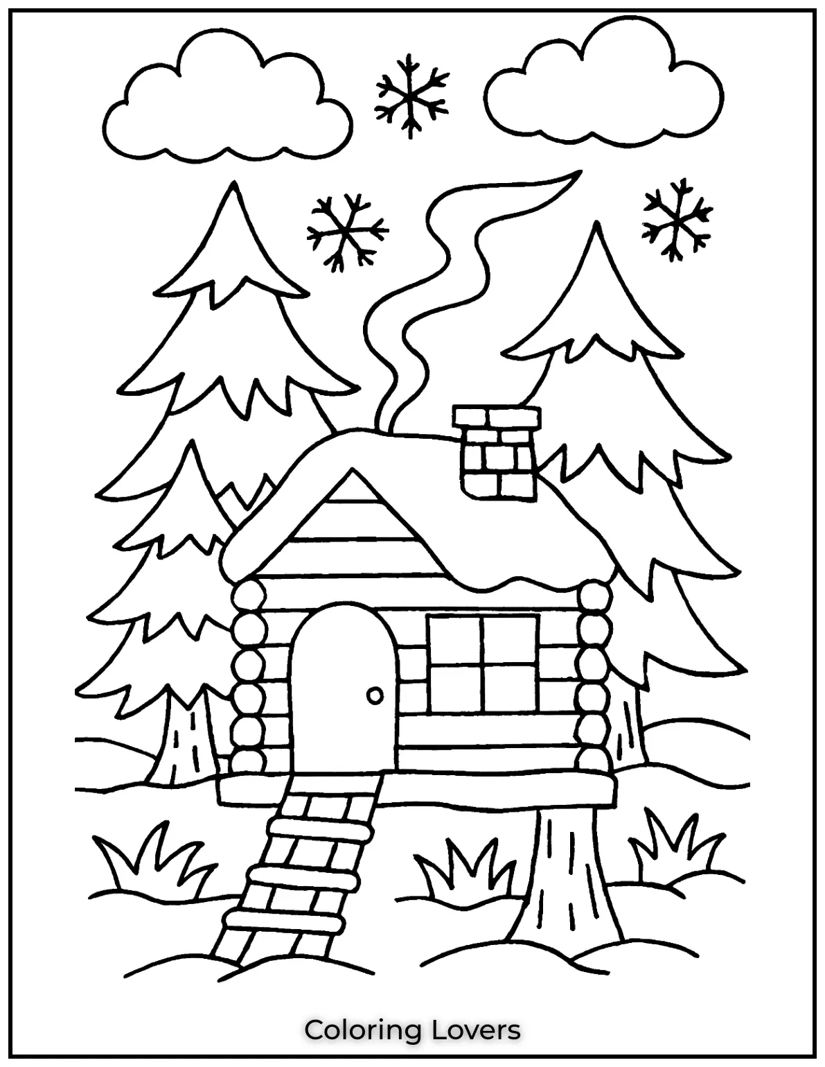 Fun House Coloring Pages – Easy Printable Sheets 38 A cozy cabin surrounded by tall pine trees covered in snow. A perfect winter escape in nature