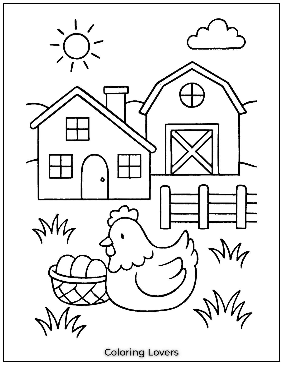 Fun House Coloring Pages – Easy Printable Sheets 33 A cozy farmhouse stands beside a barn while a hen guards its basket of eggs. A classic countryside morning