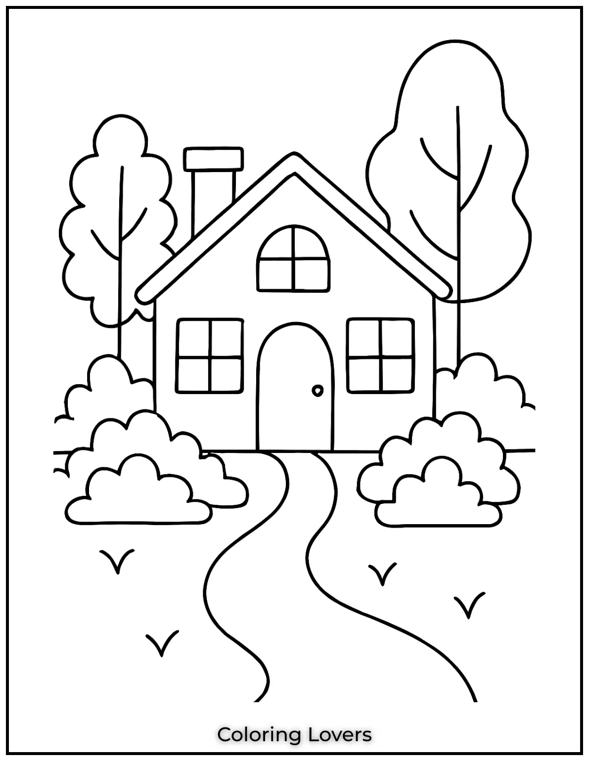 Fun House Coloring Pages – Easy Printable Sheets 5 A cozy home with big windows and a welcoming door standing peacefully among trees and bushes in a quiet setting