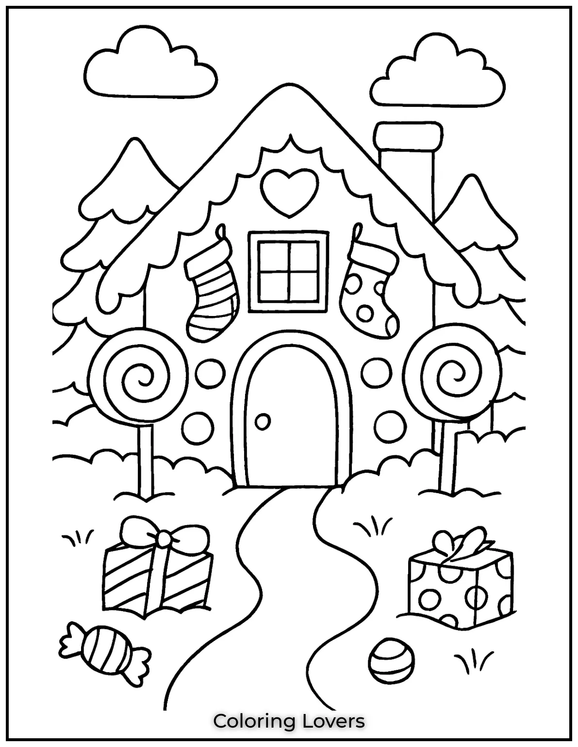 Fun House Coloring Pages – Easy Printable Sheets 17 A cozy winter cottage is covered in soft snow. Stockings and presents make it feel like the holiday season