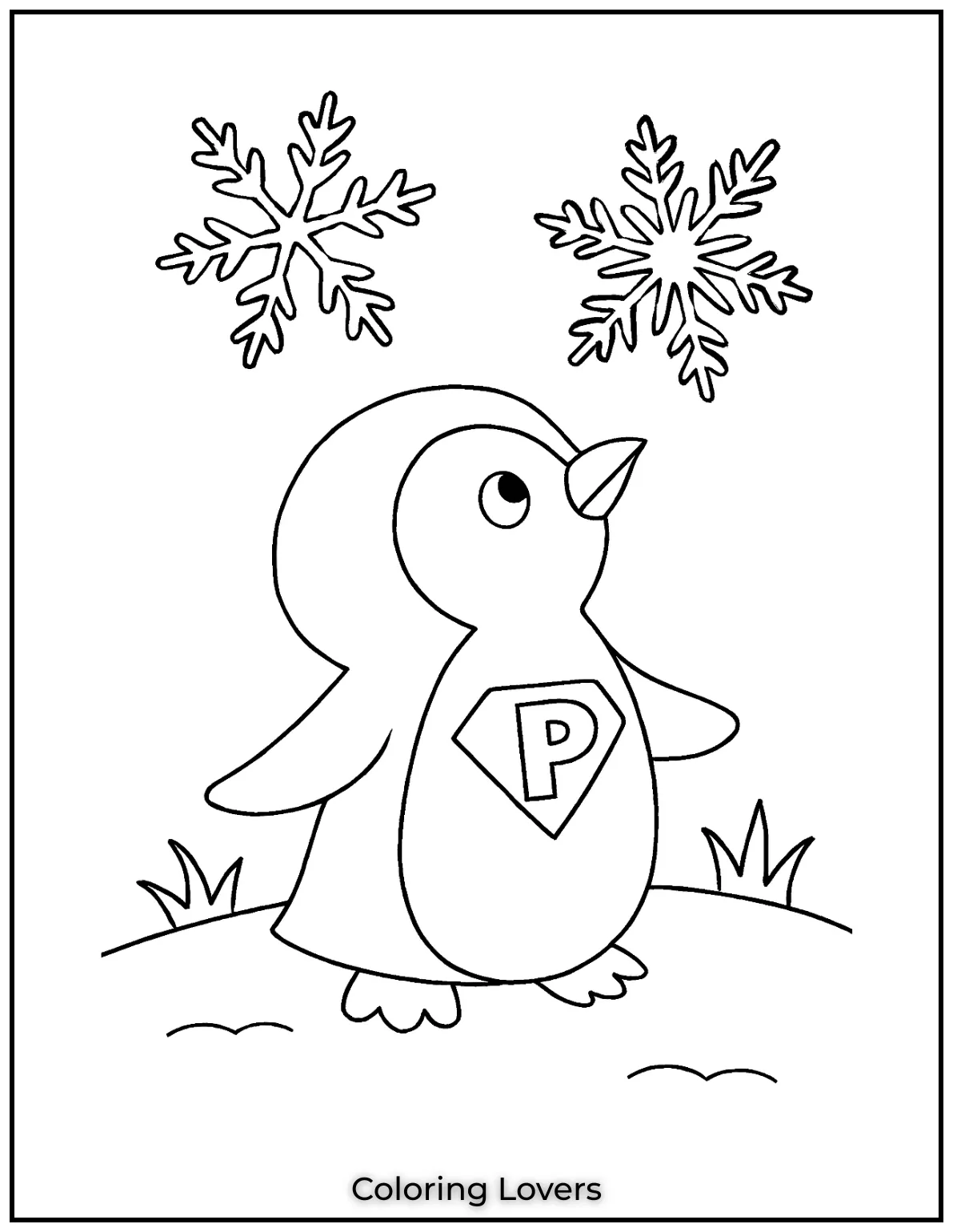 A curious penguin gazes up at two detailed snowflakes in the sky. Simple shapes here help little artists practice fine motor skills