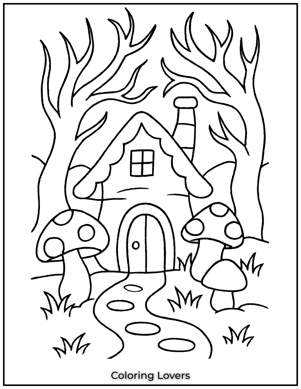 Fun House Coloring Pages – Easy Printable Sheets 26 A fairy tale house hides deep in the forest. Twisted trees and giant mushrooms add to its magical charm