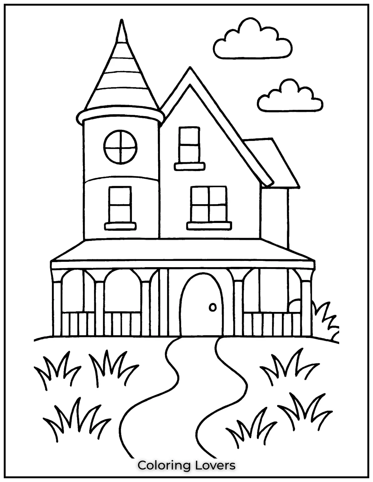 Fun House Coloring Pages – Easy Printable Sheets 29 A grand Victorian house with a towering turret stands tall. Its wide porch adds to its elegant charm