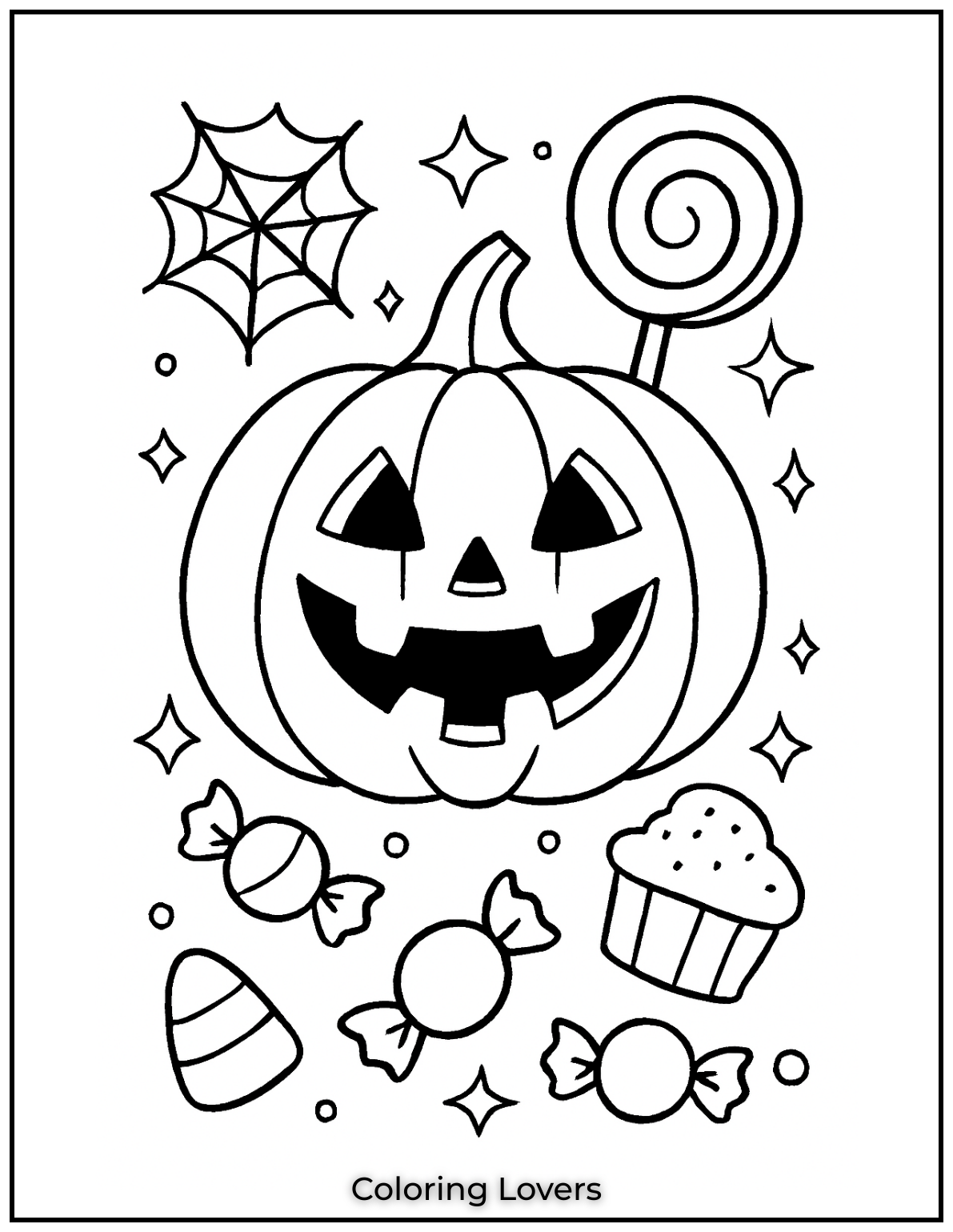 Adorable Candy Coloring Pages Enjoy Free Pages 42 A grinning jack o lantern surrounded by spooky sweets. Halloween night is full of tricks and delicious treats