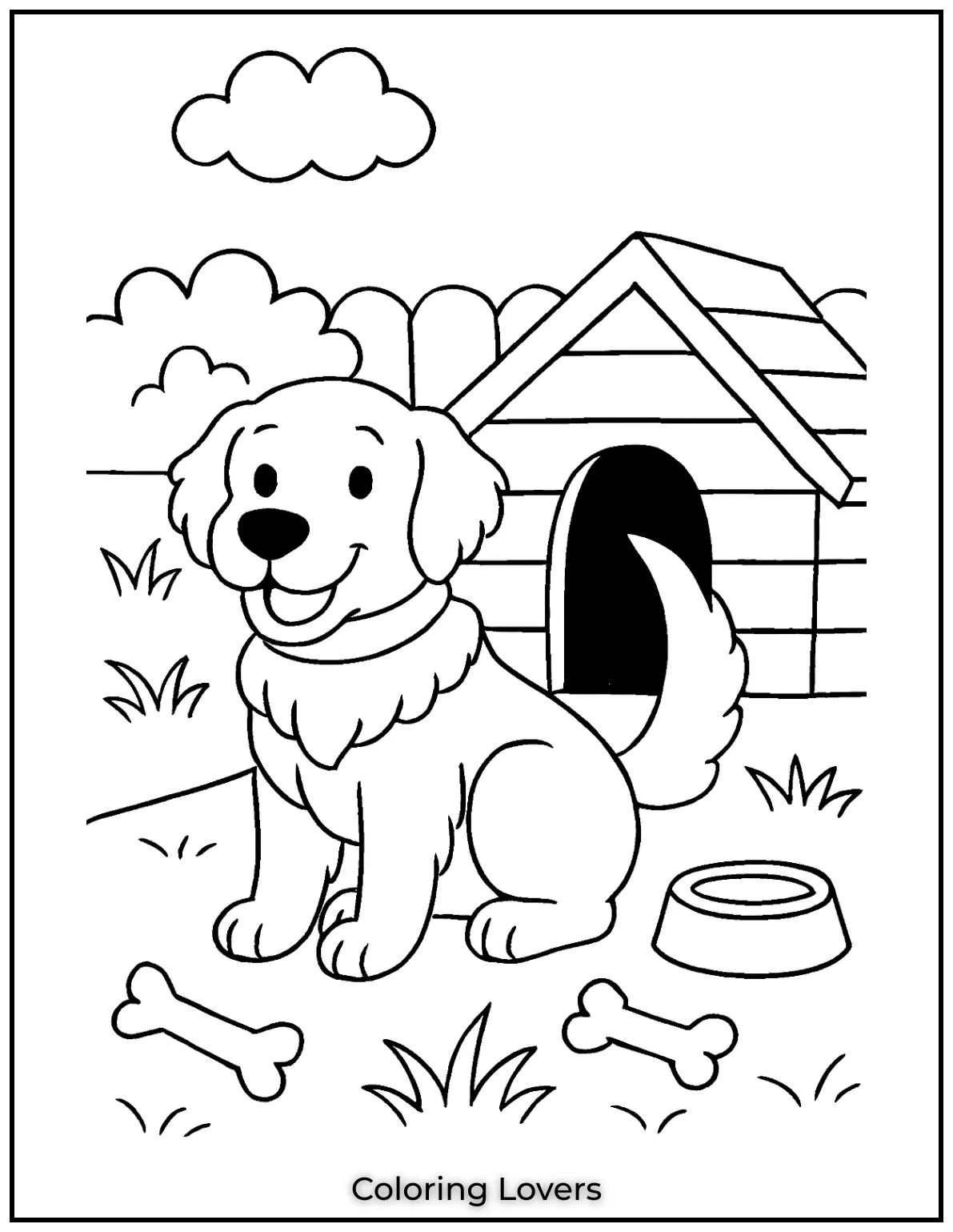 Fun House Coloring Pages – Easy Printable Sheets 48 A happy Golden Retriever sits beside his comfy home. With a bone and a water bowl hes all set for a great day
