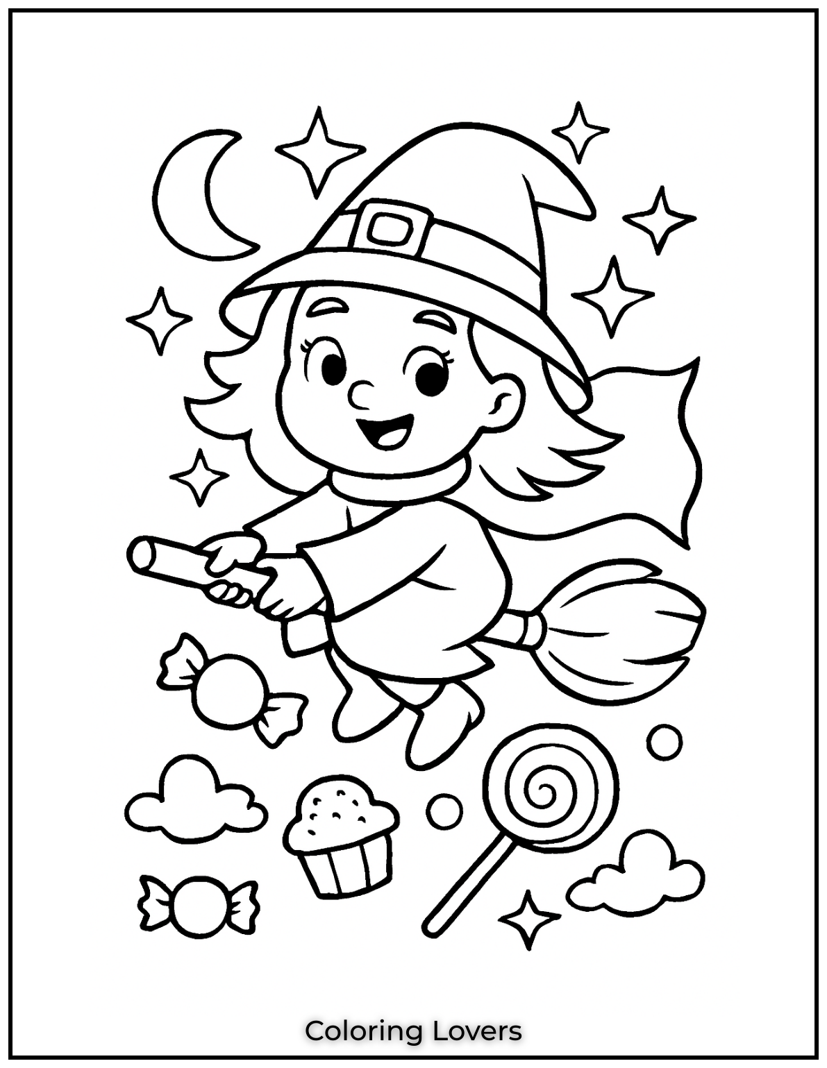 Adorable Candy Coloring Pages Enjoy Free Pages 41 A little witch soars through the night her broomstick swift and her cape flowing. Sweet treats await below
