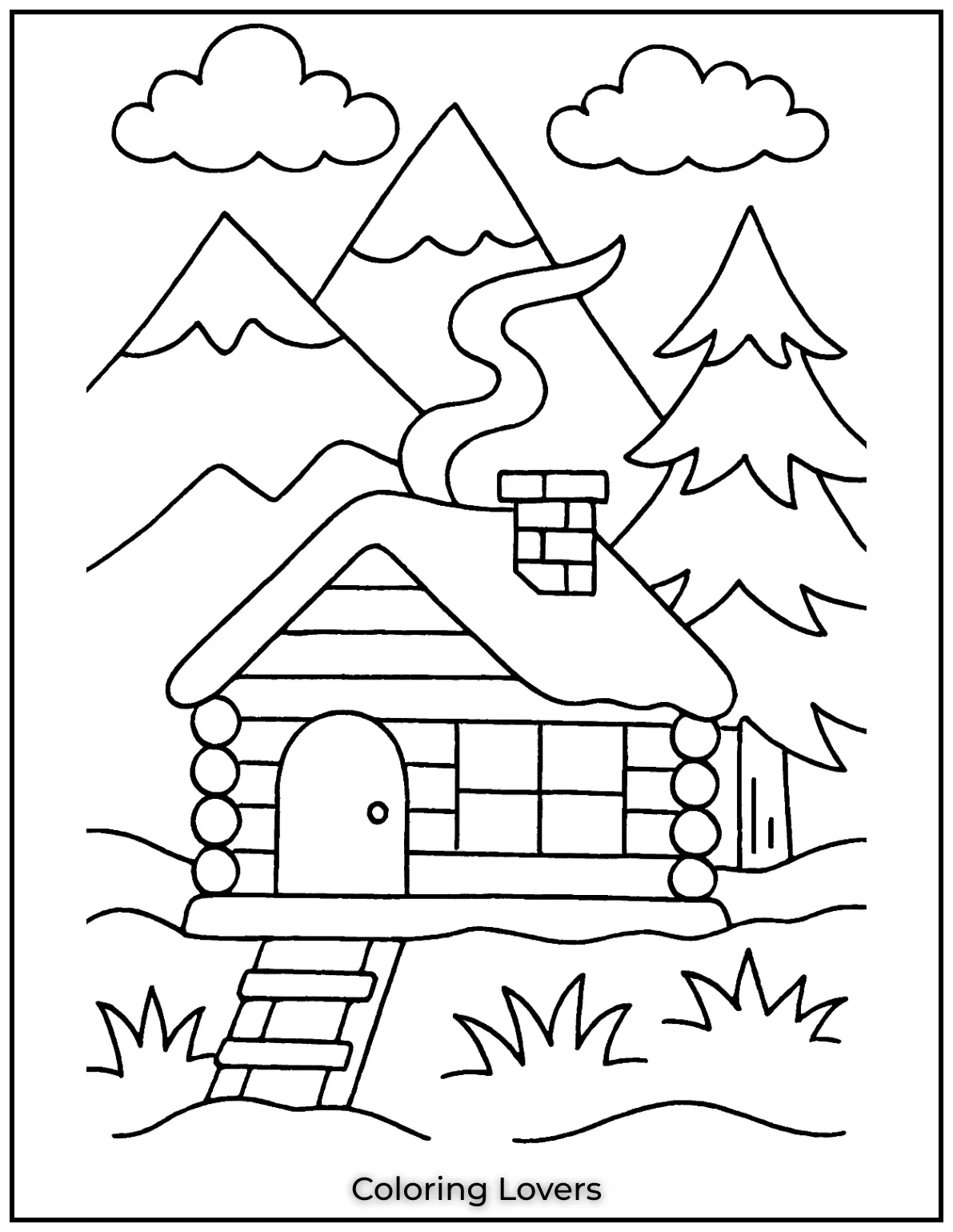 Fun House Coloring Pages – Easy Printable Sheets 39 A log cabin in the mountains with a smoking chimney. A peaceful and scenic winter retreat