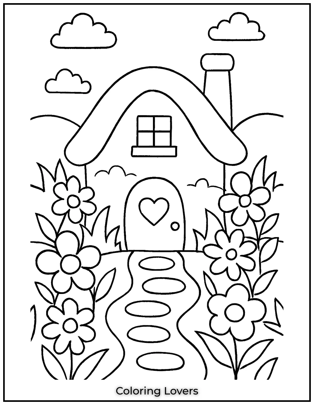 Fun House Coloring Pages – Easy Printable Sheets 27 A lovely cottage with a curved roof sits in a garden of blooming flowers. A stone path leads to its heart shaped door