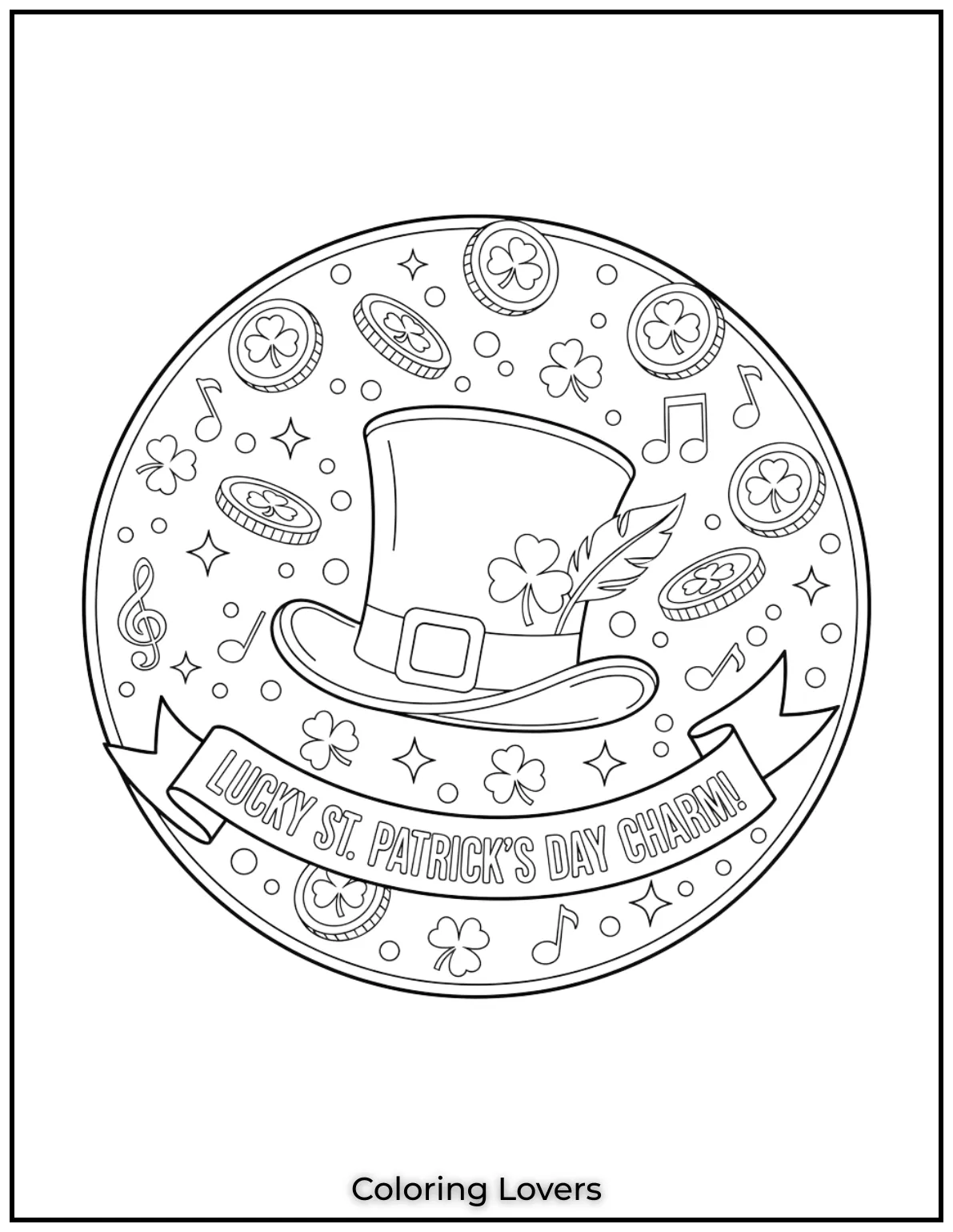 A lucky leprechaun hat shiny gold coins and shamrocks make this St. Patricks Day design full of charm