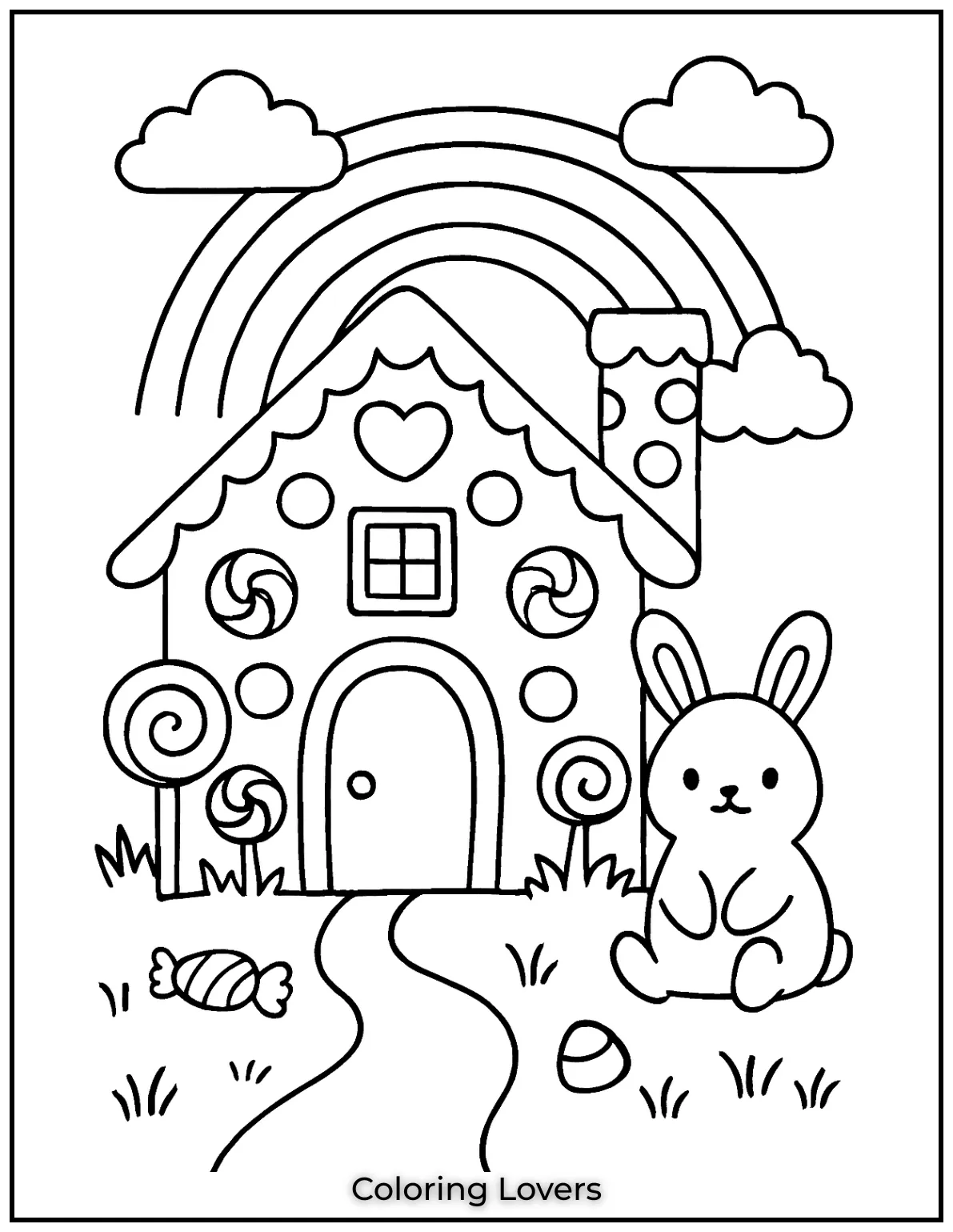 Fun House Coloring Pages – Easy Printable Sheets 12 A magical candy house stands under a bright rainbow. A cute bunny sits nearby waiting for a colorful world