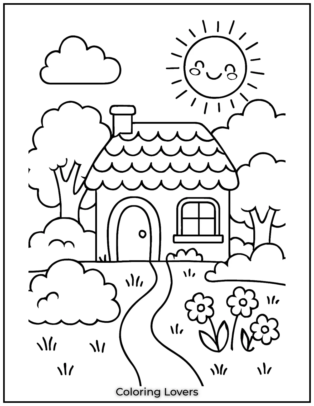 Fun House Coloring Pages – Easy Printable Sheets 8 A magical little house tucked into nature with a smiling sun above and a winding path leading to its charming entrance
