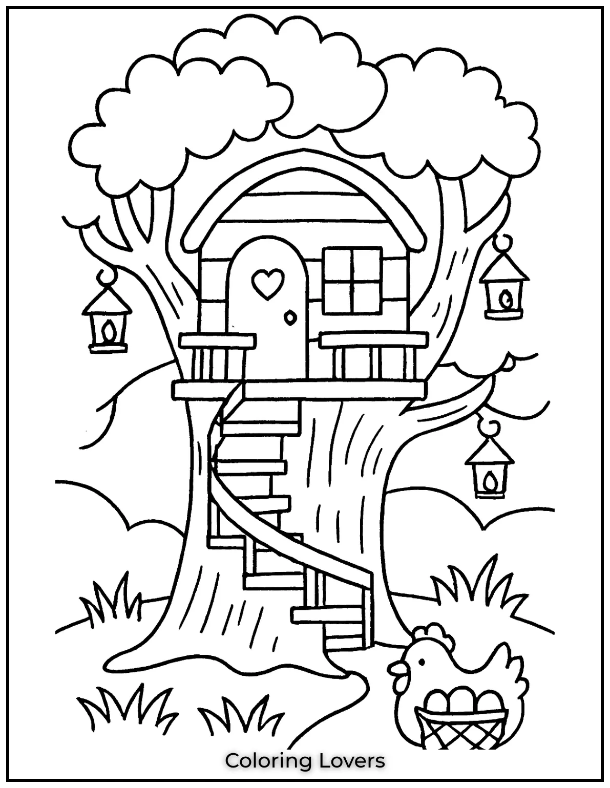 Fun House Coloring Pages – Easy Printable Sheets 35 A magical treehouse with a spiral staircase sits high in the branches. Hanging lanterns glow around its cozy entrance