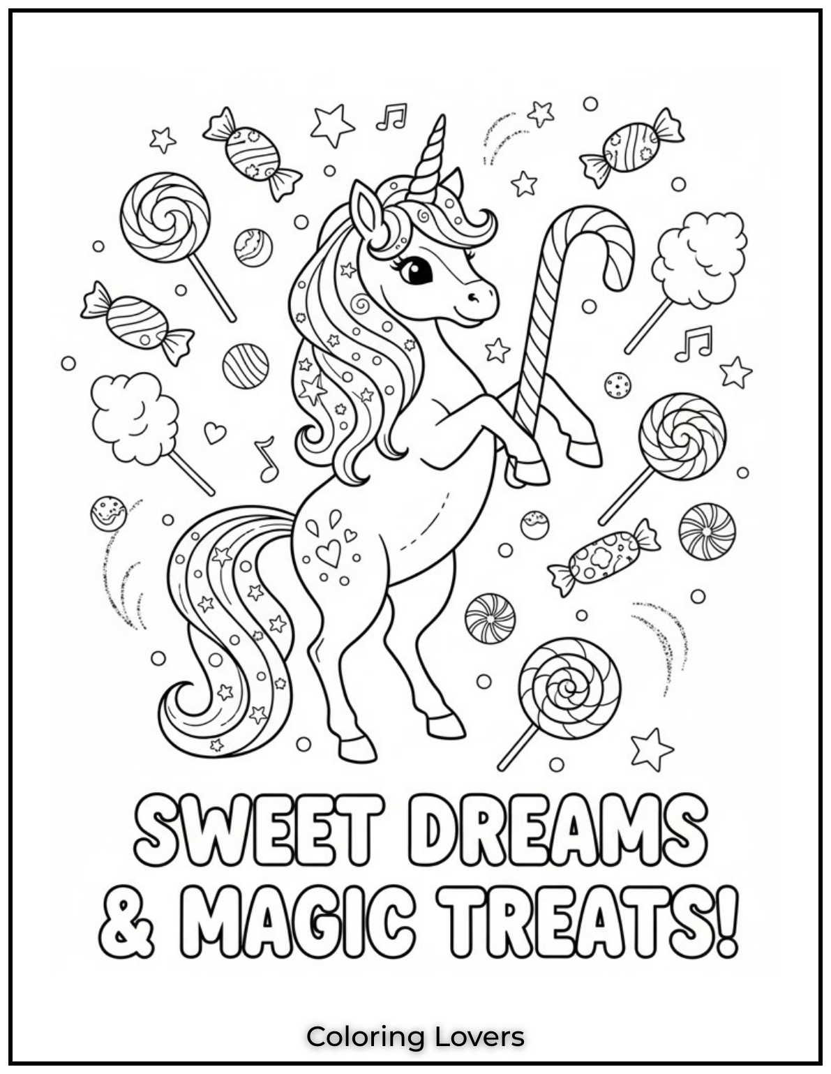 Adorable Candy Coloring Pages Enjoy Free Pages 33 A magical unicorn holding a candy cane surrounded by floating sweets. Give it a dreamy colorful touch
