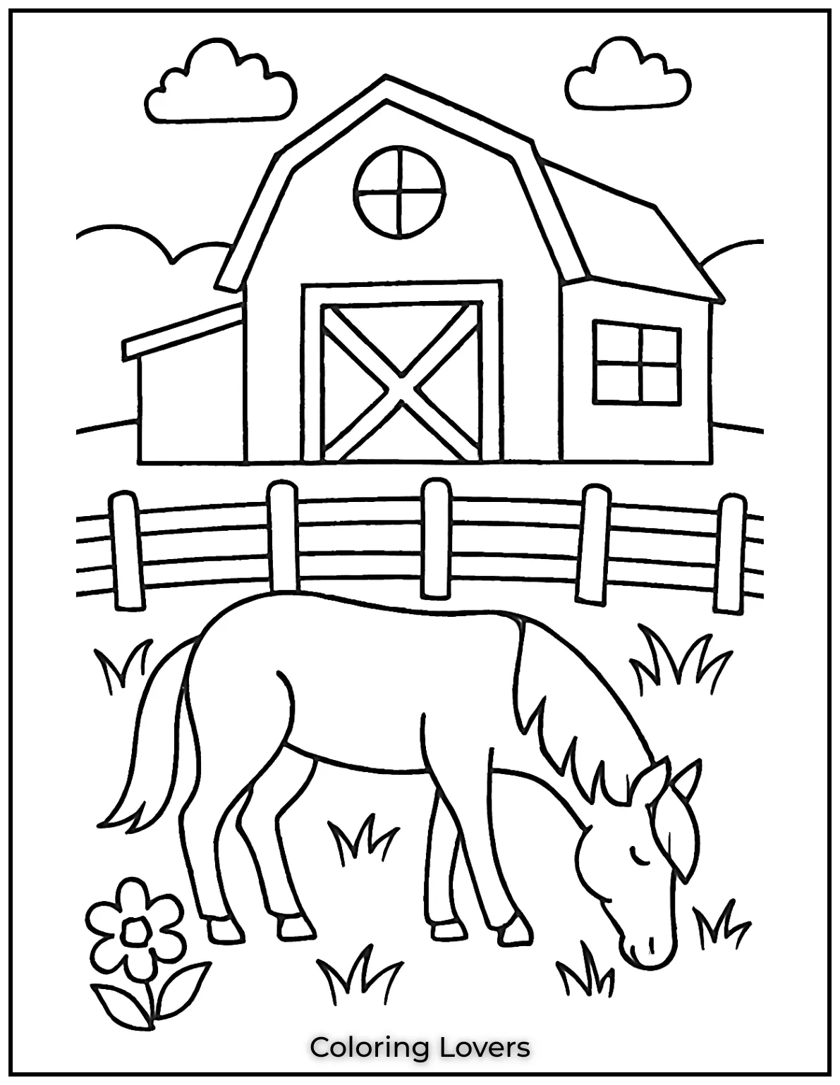 Fun House Coloring Pages – Easy Printable Sheets 32 A peaceful farm with a big barn and a grazing horse. The wooden fence adds a rustic charm to the scene