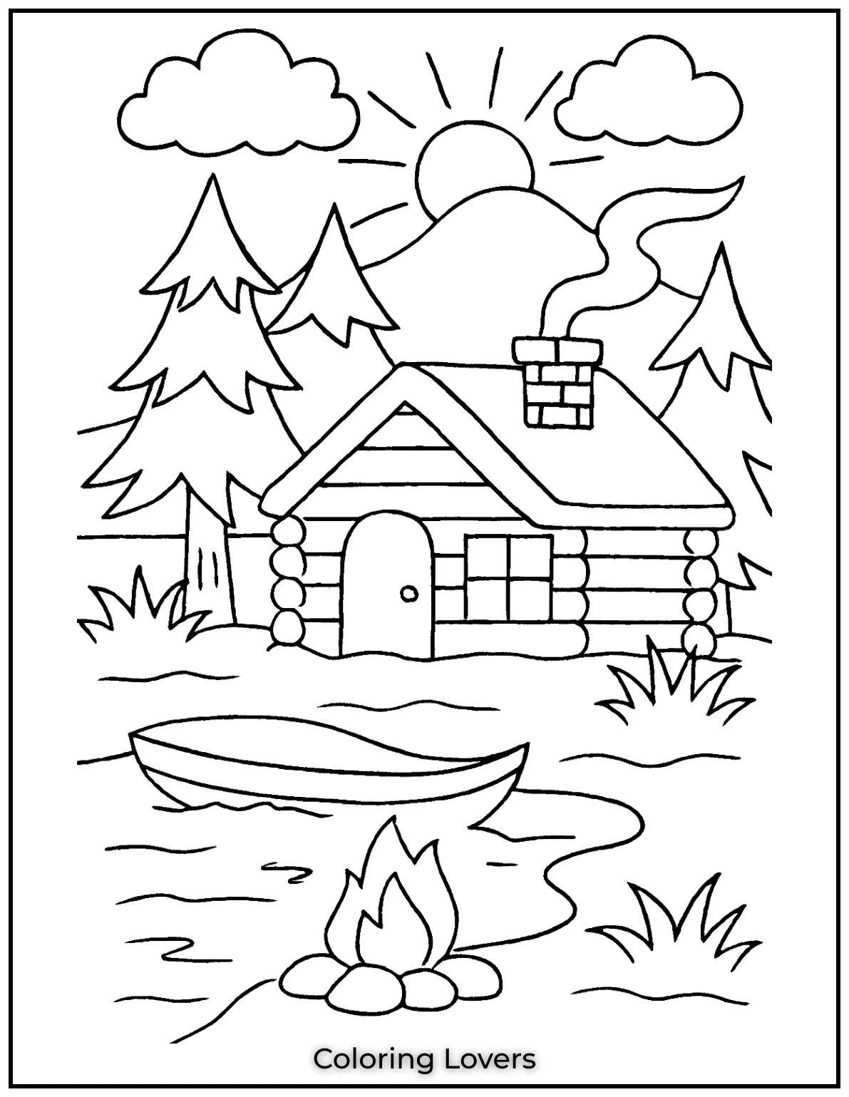 Fun House Coloring Pages – Easy Printable Sheets 42 A peaceful lakeside cabin with a canoe ready for an adventure. Imagine the colors of the sunset reflecting on the water