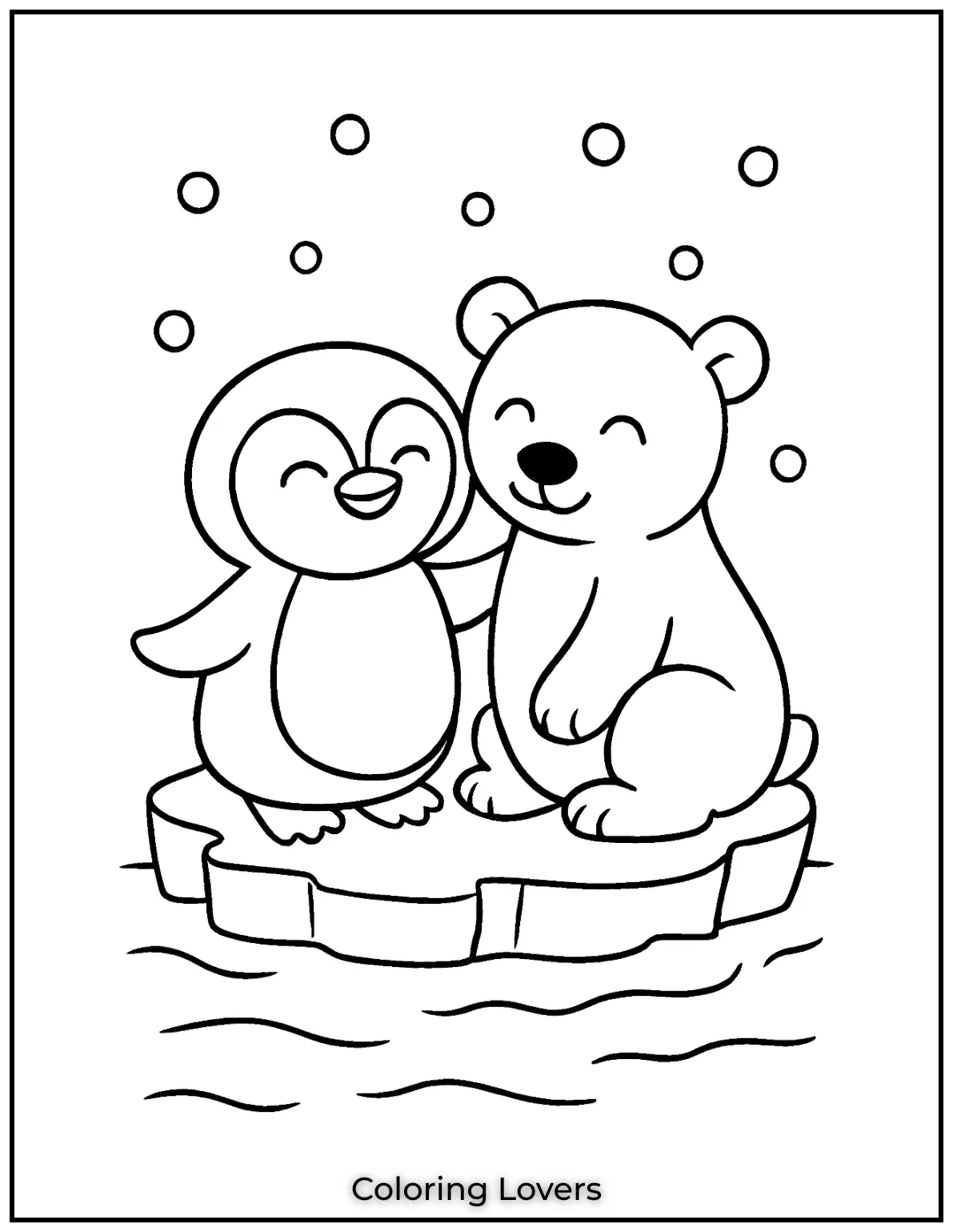 A penguin and polar bear sit on an ice floe under a snowy sky. Kids can use frosty blues and soft greys