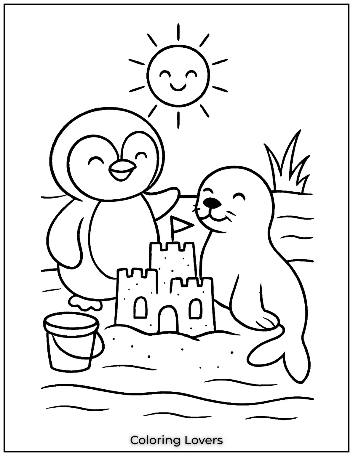 A penguin and seal build a sandcastle under a bright sun by the sea. Imaginations will sail to shore