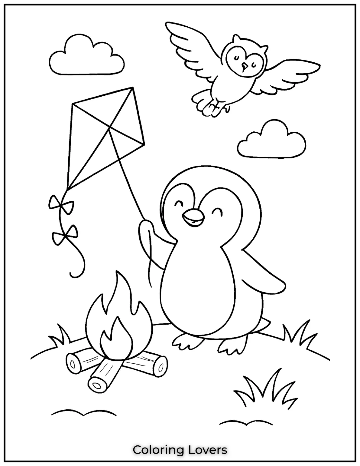 A penguin flies a kite on a breezy hilltop under a soaring owl. Its one of the most delightful penguin coloring pages in our collection