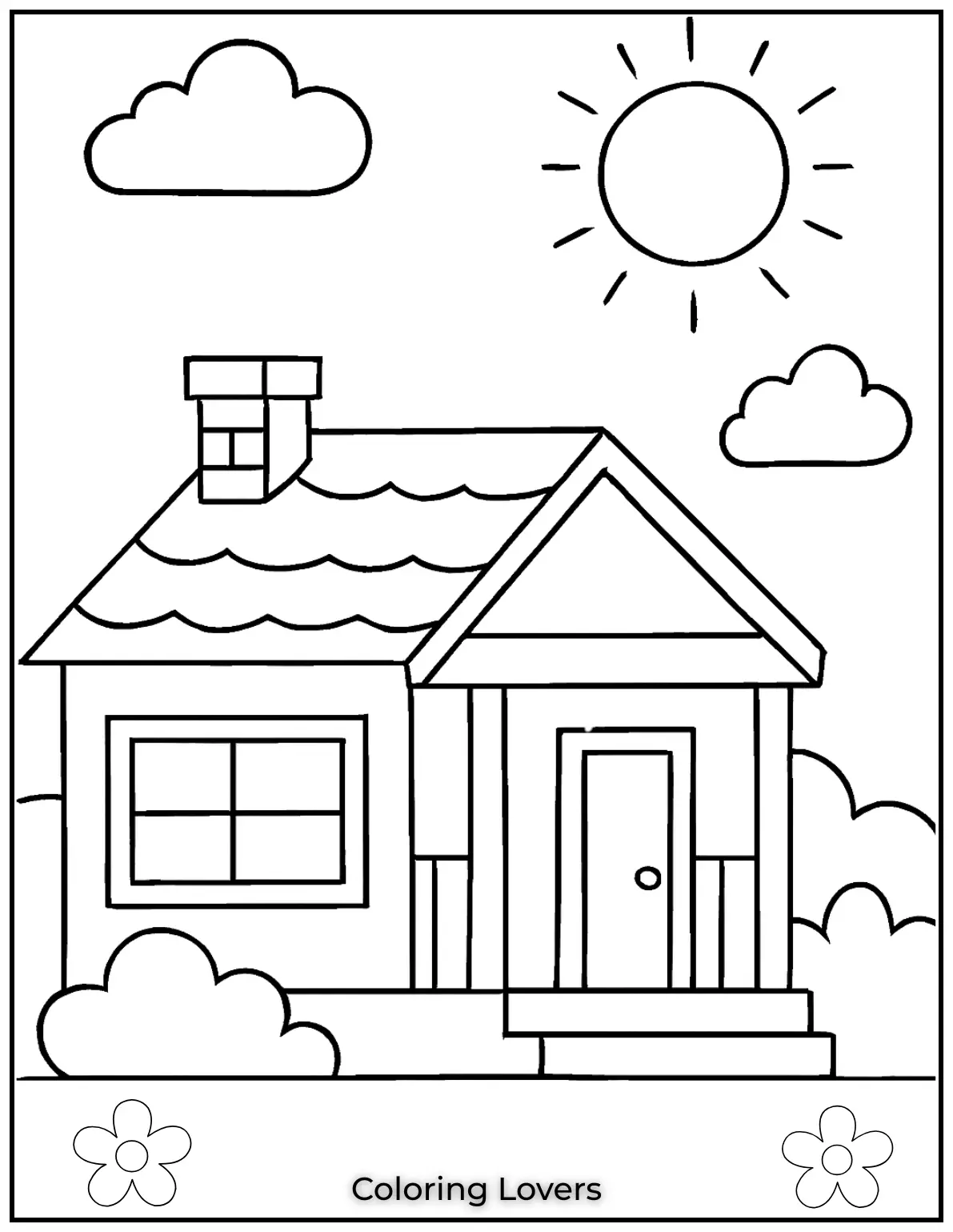 Fun House Coloring Pages – Easy Printable Sheets 9 A simple sweet home under a bright sky with neatly framed windows and a cozy porch that feels warm and welcoming