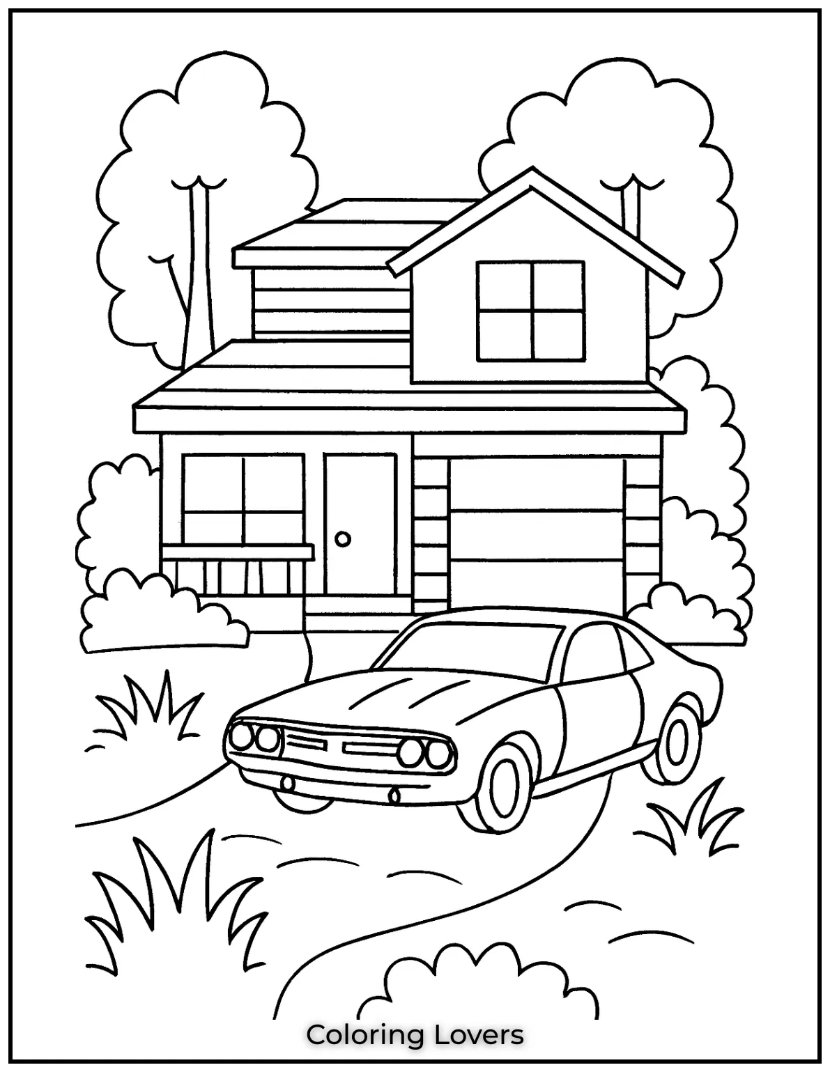 Fun House Coloring Pages – Easy Printable Sheets 46 A sleek modern home paired with a timeless muscle car. A suburban family home coloring page full of nostalgia