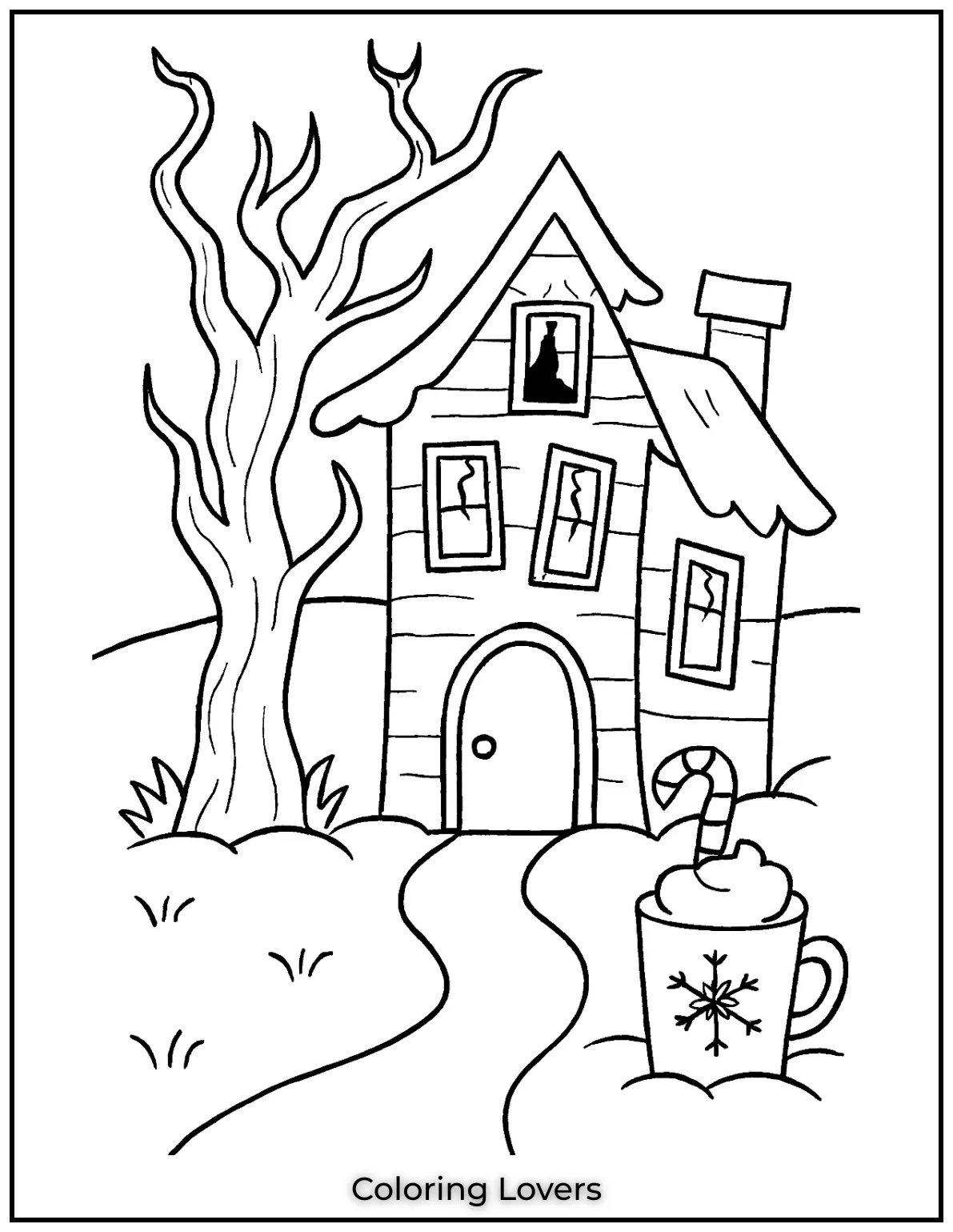 Fun House Coloring Pages – Easy Printable Sheets 20 A spooky old house stands beneath a twisted tree. Its eerie windows and crooked roof add to the mystery