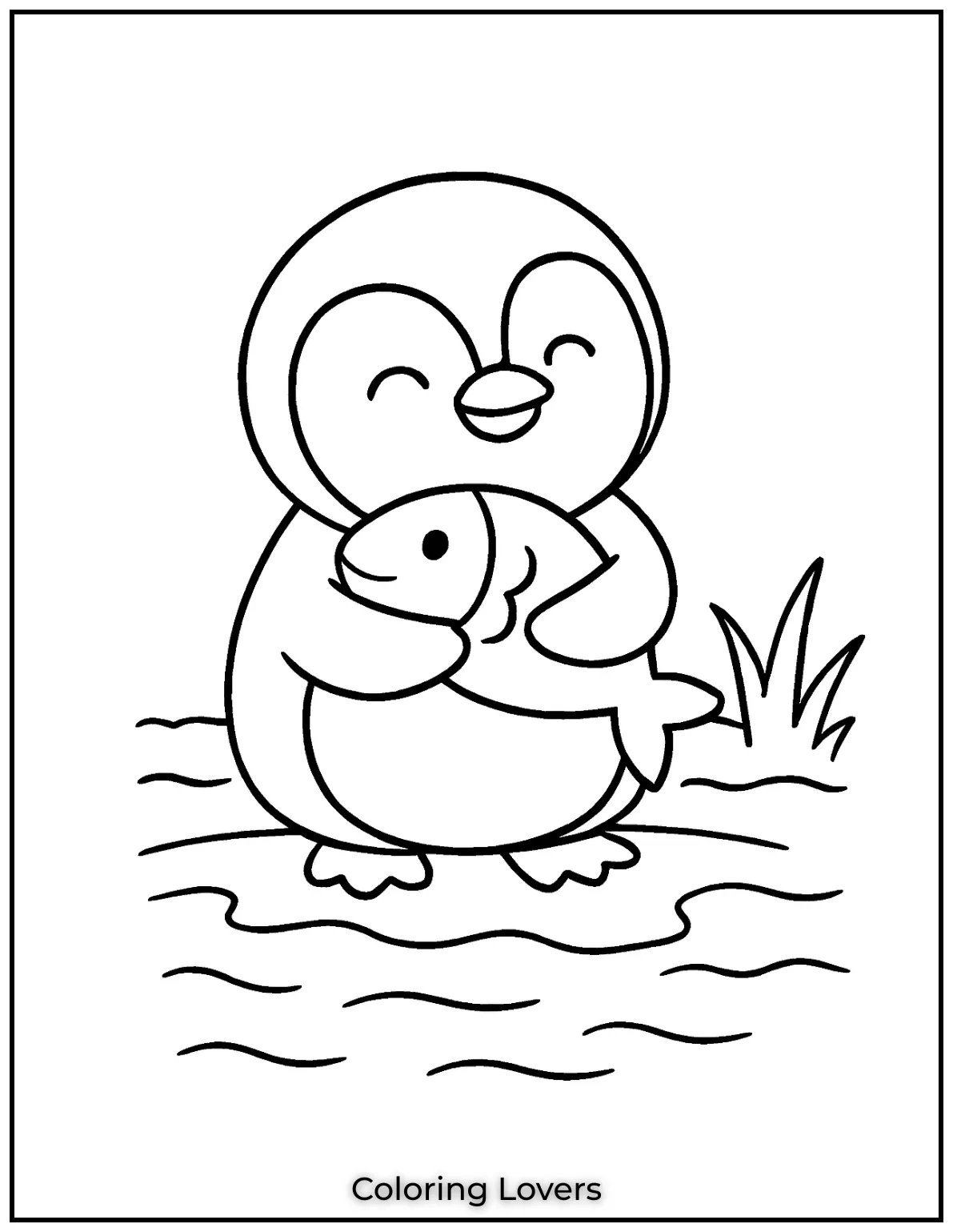 A sweet penguin hugs its fish friend close by the water. This printable penguin coloring pages for preschool design uses simple outlines for little hands