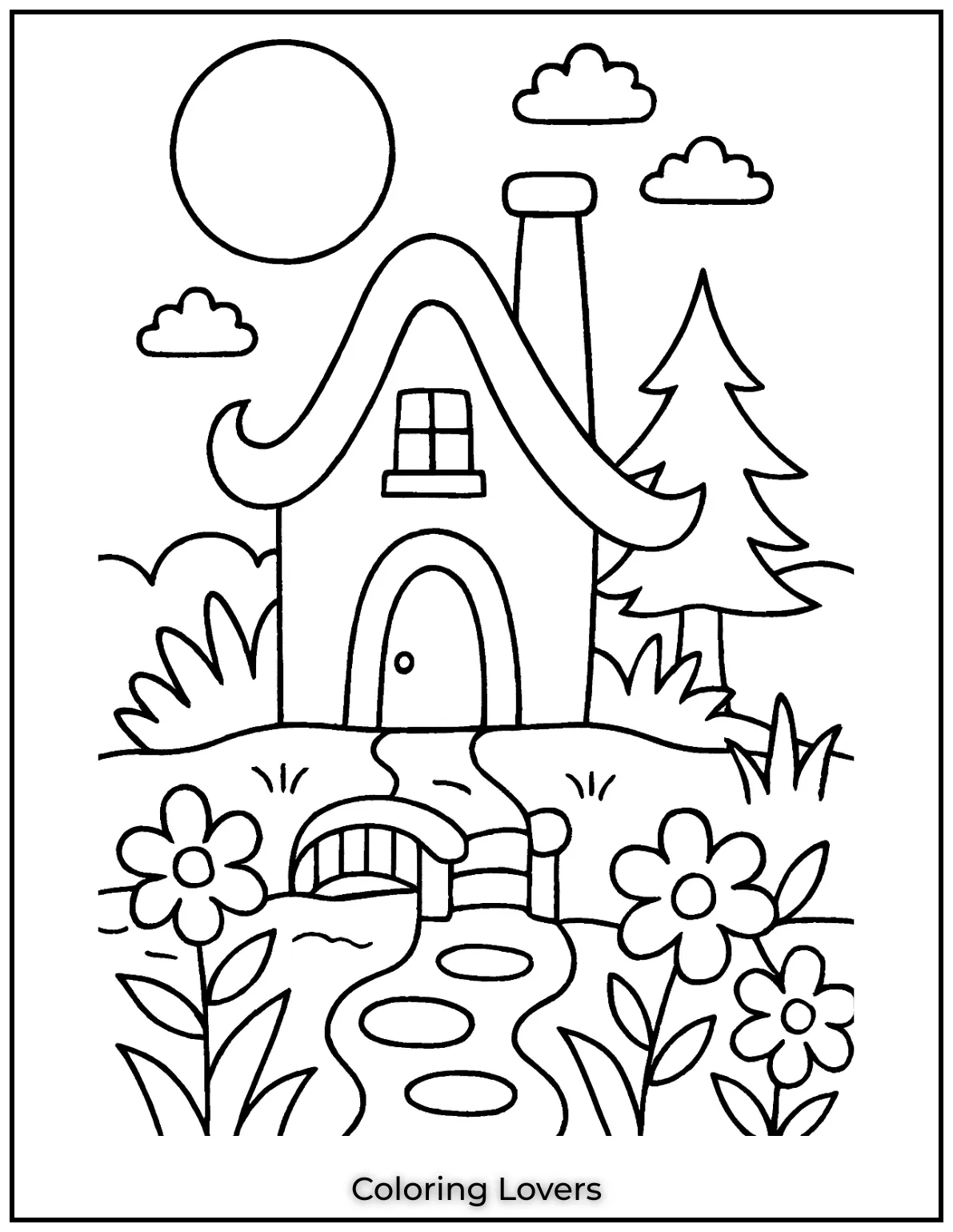 Fun House Coloring Pages – Easy Printable Sheets 28 A whimsical house glows under the full moon. A small bridge crosses the pond leading to its enchanting entrance