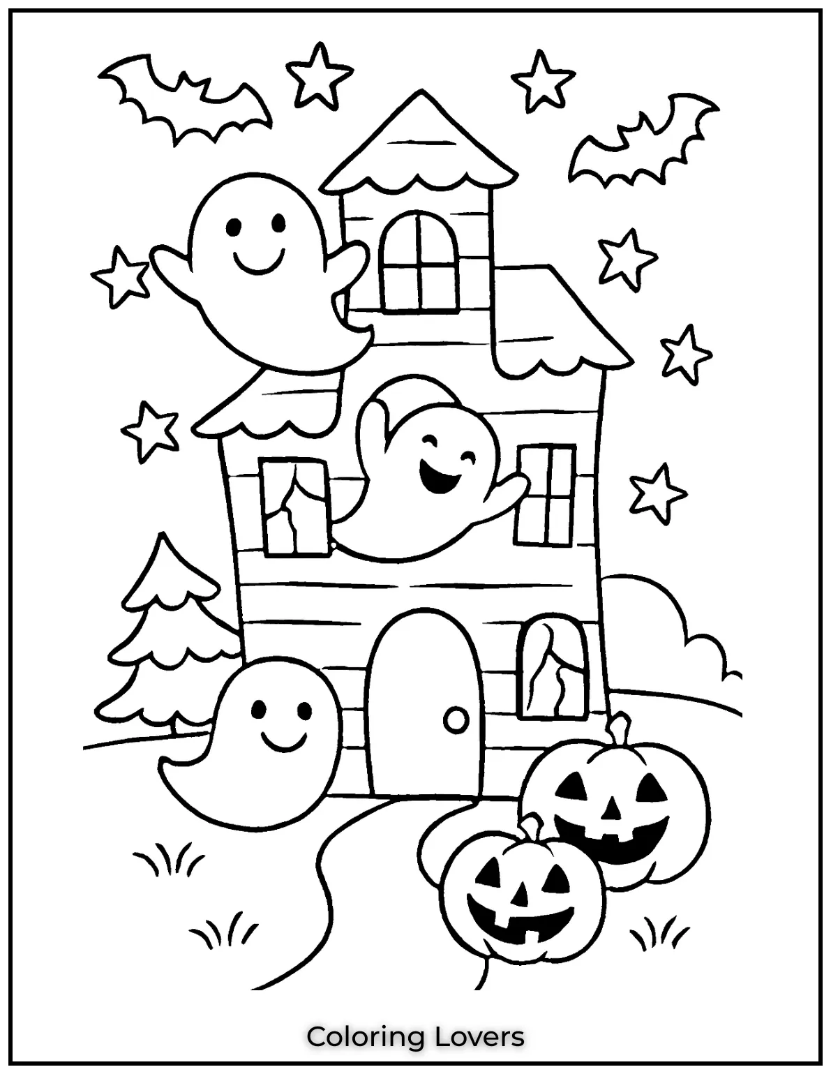 Fun House Coloring Pages – Easy Printable Sheets 22 A wobbly haunted house is filled with happy ghosts. Bats and stars complete the playful Halloween scene