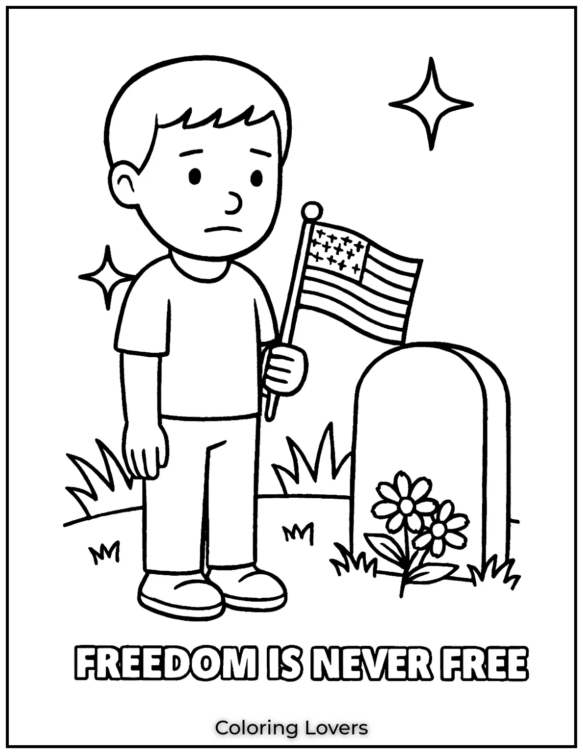A young kid stands quietly beside a grave