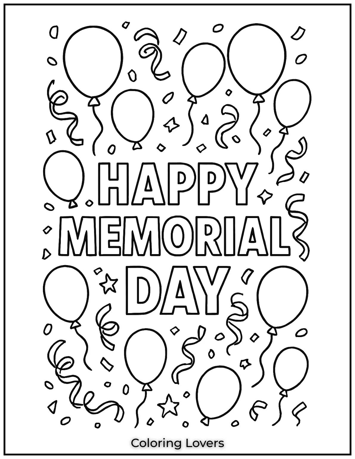 Balloons and confetti surround the bold phrase Happy Memorial Day. A joyful page full of celebration