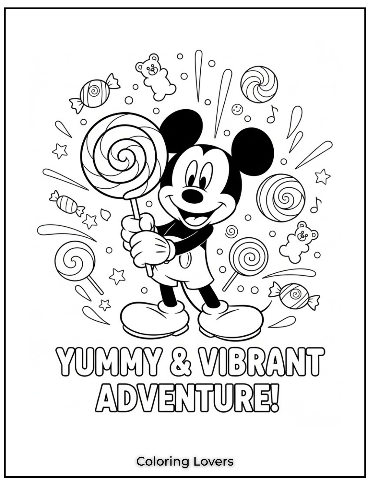 Adorable Candy Coloring Pages Enjoy Free Pages 31 Cheerful Mickey Mouse holding a giant lollipop surrounded by yummy treats. Have fun adding vibrant colors