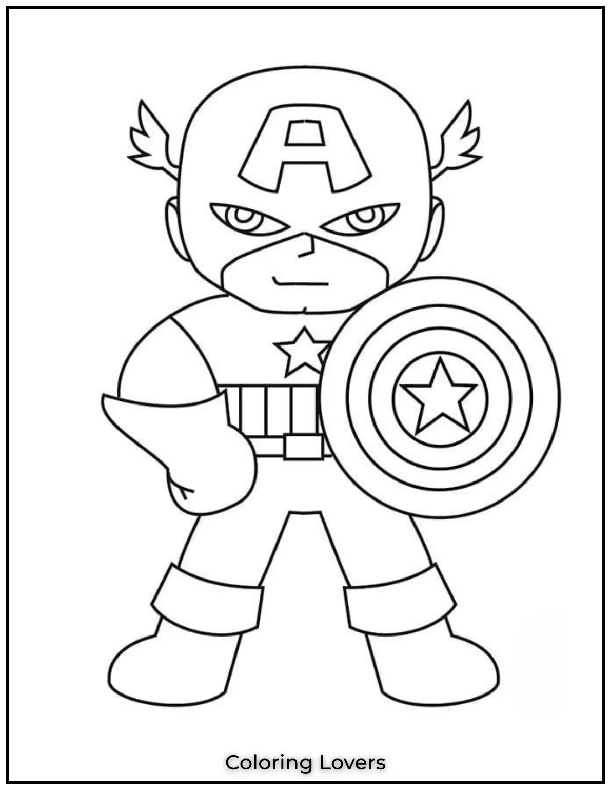 Cute Captain America holds his shield proudly ready to protect. This cheerful hero will brighten any coloring day