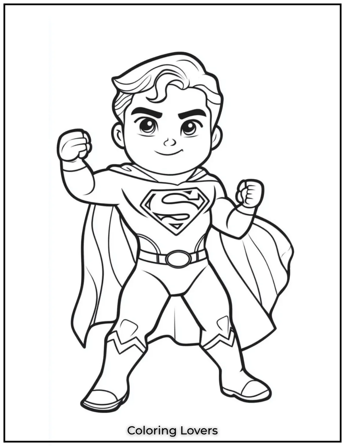 Cute superman stands proudly with his cape flowing in the breeze. Perfect for kids who love brave heroes