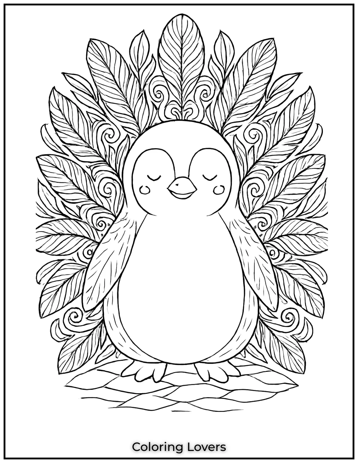Intricate feathers swirl into a mandala around a gentle penguin. Soothing detail for adult