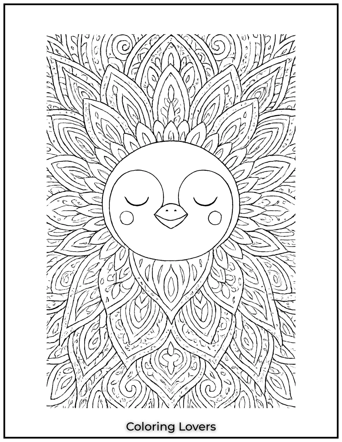 Layers of ornate patterns frame the penguins head in a zen style. Enjoy these penguin coloring pages for adults
