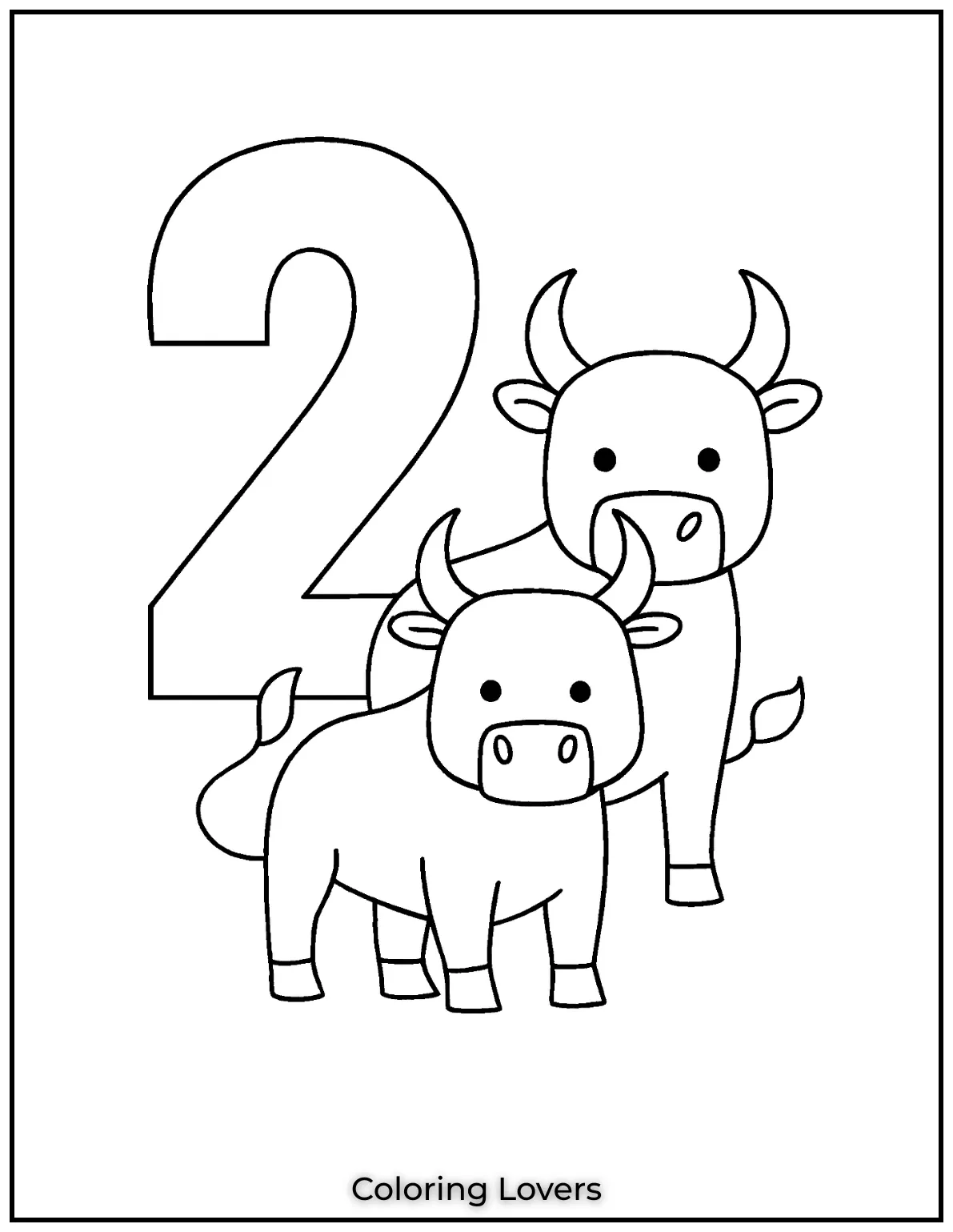 Number 2 coloring page with two bulls