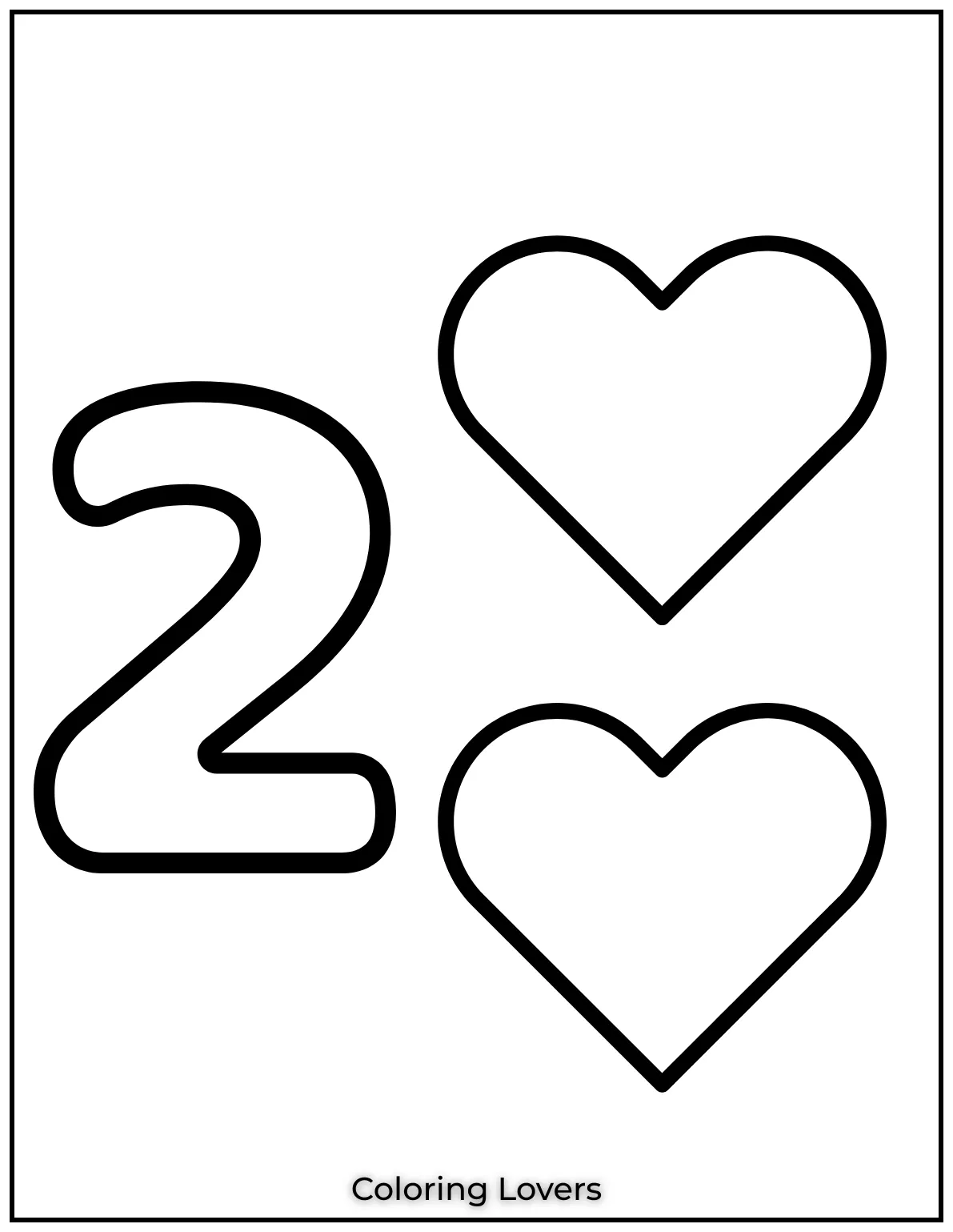 Number 2 coloring page with two hearts