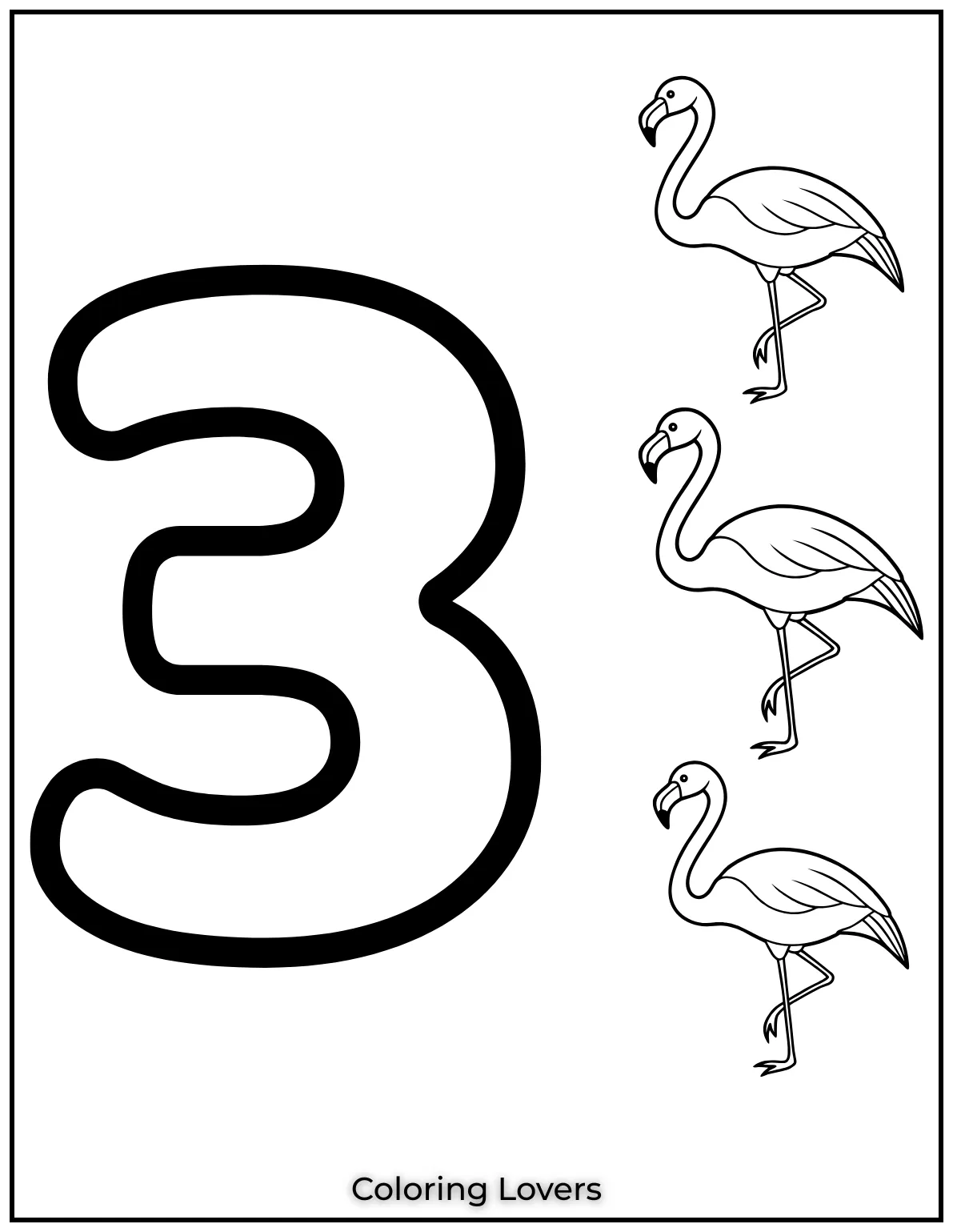 Number 3 coloring page with three flamingos