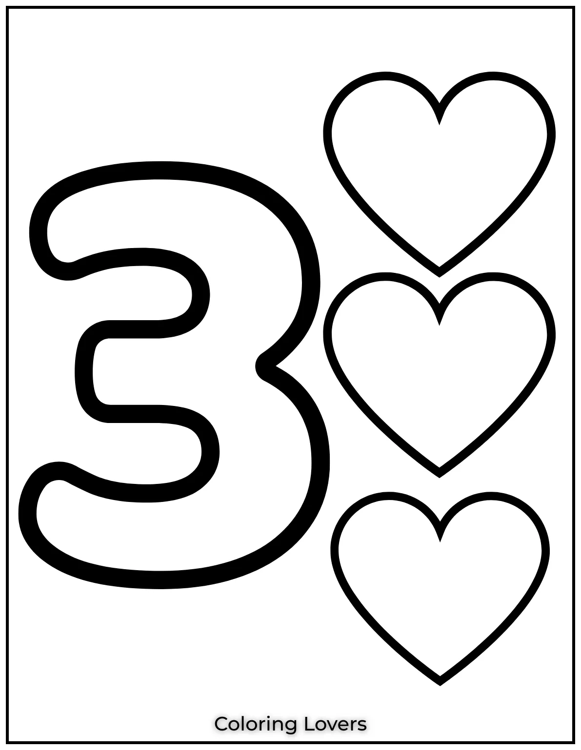 Number 3 coloring page with three hearts