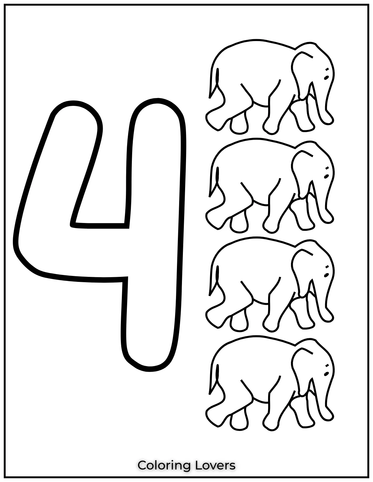 Number 4 coloring page with four elephants