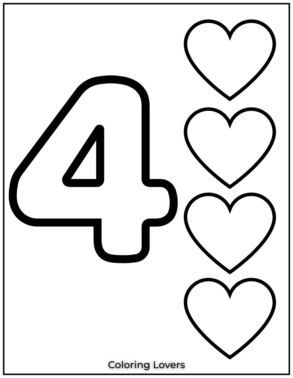 Number 4 coloring page with four hearts