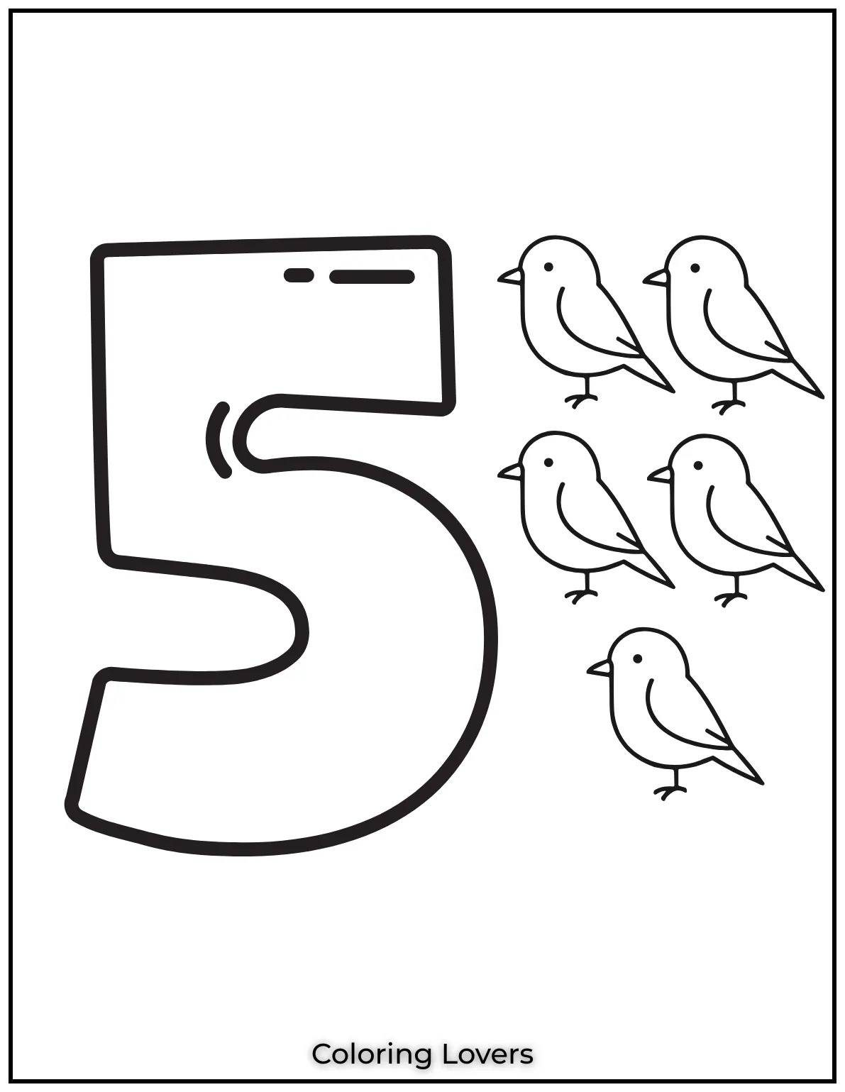 Number 5 coloring page with five birds