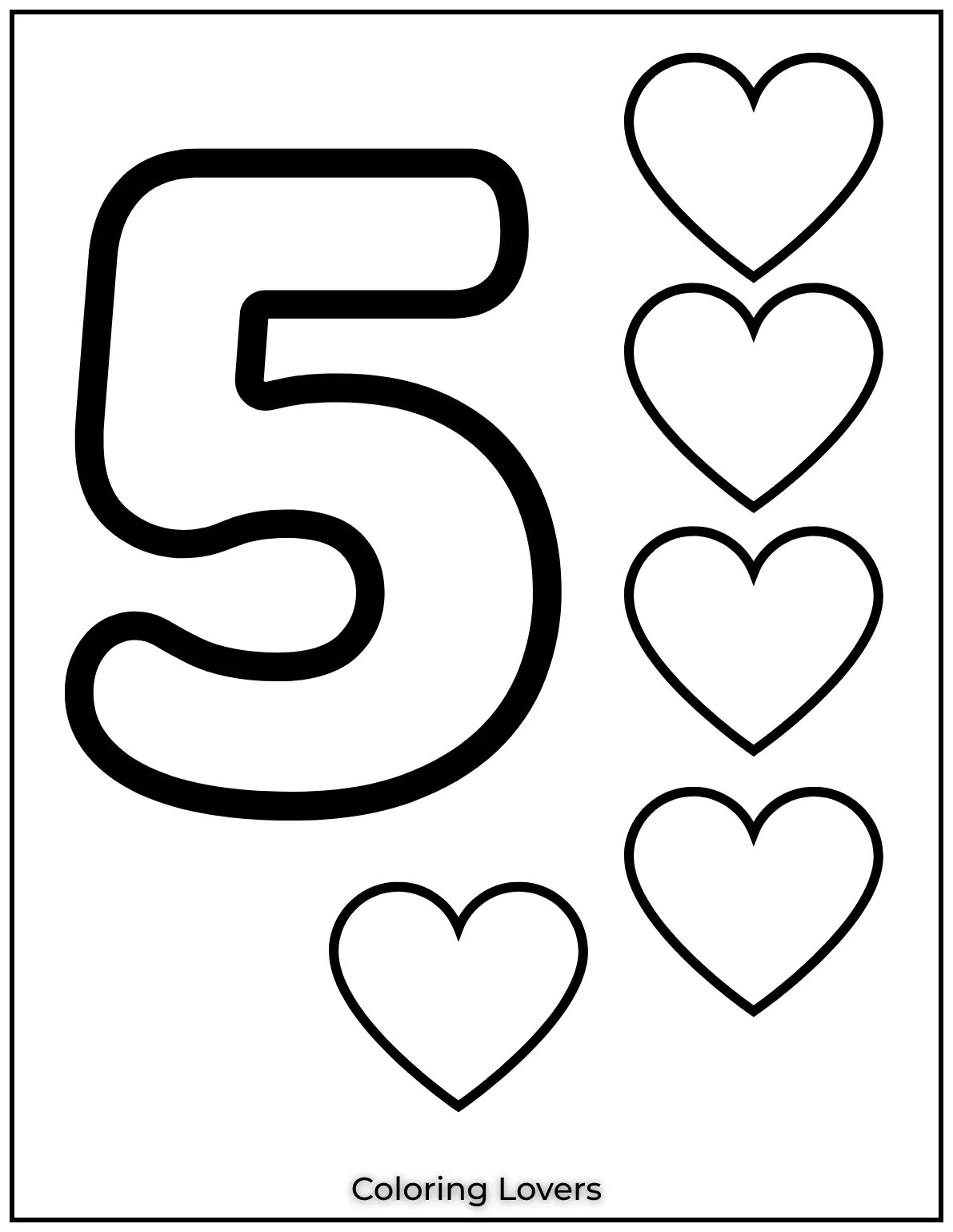 Number 5 coloring page with five hearts